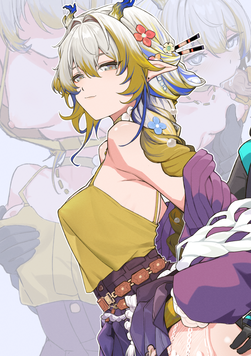 1boy arknights blonde_hair blue_hair breasts clothes_lift doctor_(arknights) dragon_horns fellatio female flower grabbing_another's_breast grabbing_own_breast groping hair_flower hair_ornament hair_stick highres horns hpapo lifting_own_clothes long_sleeves male_doctor_(arknights) multiple_views nipples oral penis pointy_ears shirt shu_(spring_feast)_(arknights) skirt skirt_lift small_breasts white_hair yellow_shirt