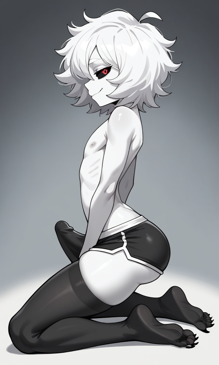 ai_generated ass black_thighhighs booty_shorts bulge bulge_through_clothing erection feet femboy nipples nonyx on_knees red_eyes ribs sharp_nails shifted_souls shoulders soles solo thighhighs toes white_body white_hair white_skin