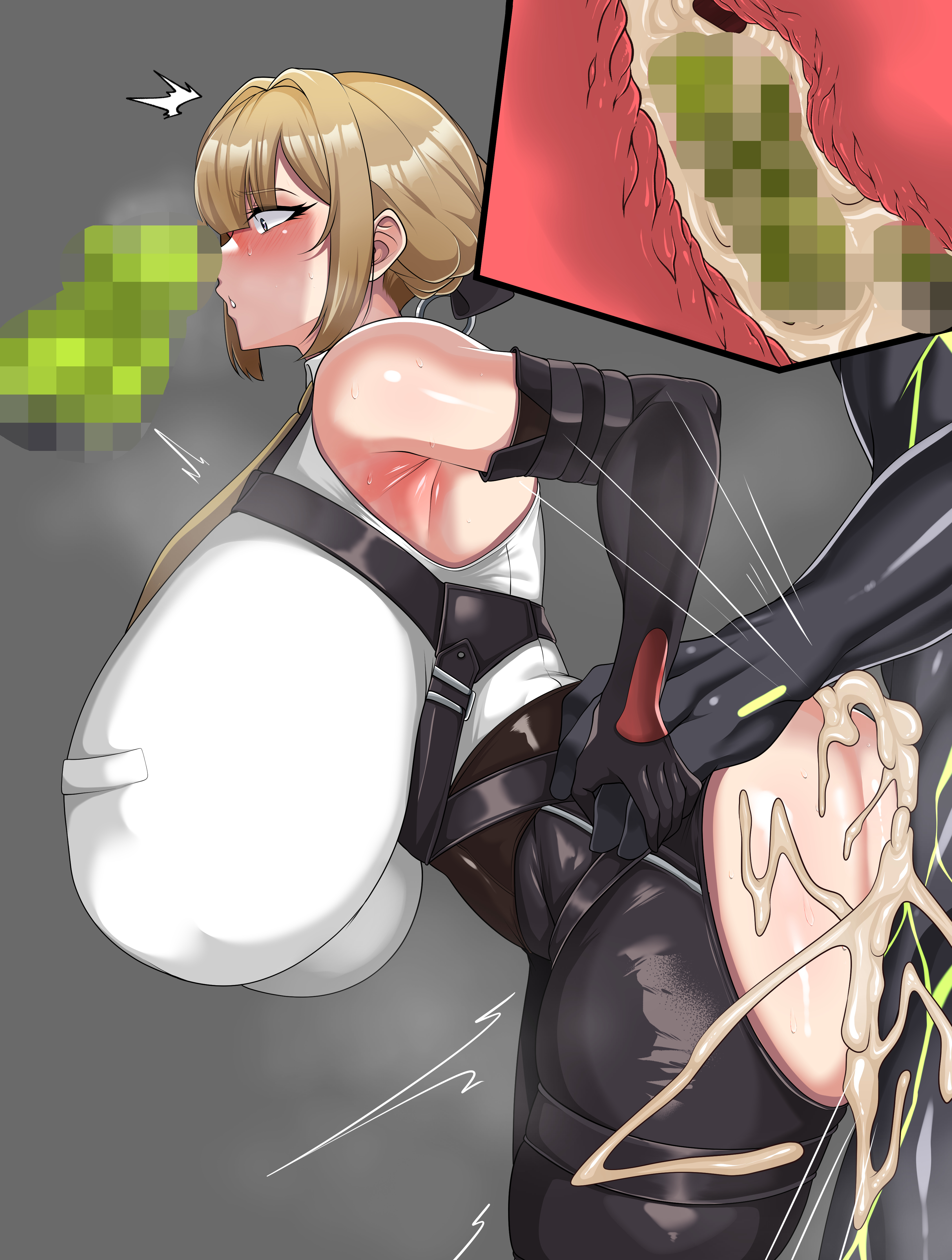 1girls, 2boys, 2monsters, alternate breast size, breasts, censored, censored penis, clothed, clothing, ethereal (zenless zone zero), evelyn chevalier, excessive cum, female, female focus, gigantic breasts, hoyoverse, huge breasts, interspecies, light skin, light-skinned female, looking at penis, male, mihoyo, monster, nonsense (artist), partial male, penis, penis awe, sex, sex from behind, unseen male face, wirberlwind, x-ray, zenless zone zero