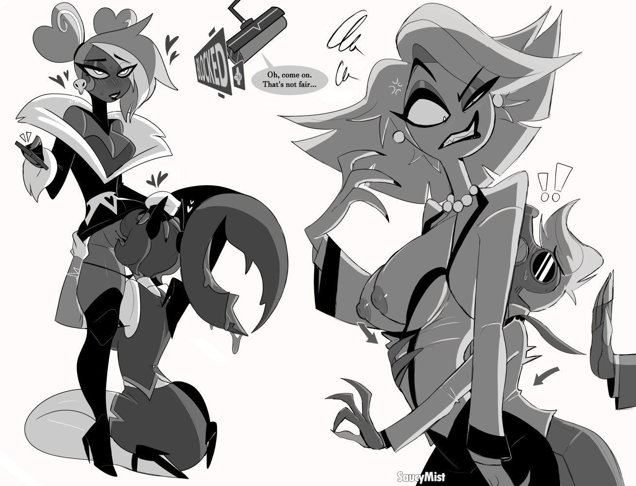 accidental exposure, breasts, breasts out, cunnilingus, hazbin hotel, katie killjoy, melissa (hazbin hotel), oral, oral sex, saucymist, tom trench, velvette, yuri