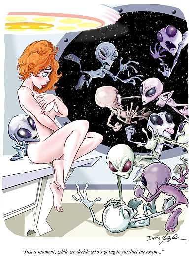 1woman 2d_artwork abduction alien aliens dean_yeagle nude nude_female orange_hair ovni