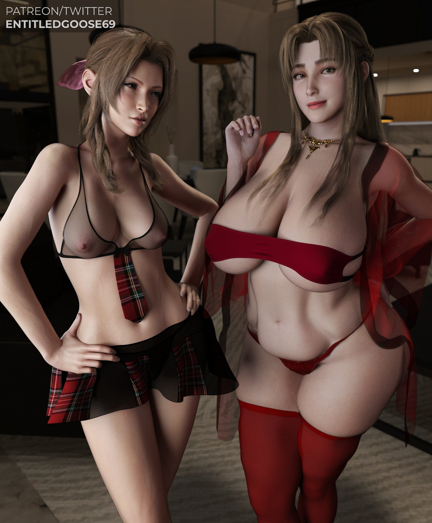 2girls, 3d, aerith gainsborough, areolae, big breasts, breasts, brown hair, busty, daughter, entitledgoose, female, female focus, female only, final fantasy, final fantasy vii, hourglass figure, ifalna, light skin, light-skinned female, long hair, looking at another, looking at viewer, milf, mother, mother and daughter, nipples, revealing clothes, see-through, see-through clothing, skimpy, skimpy clothes, tagme, wide hips