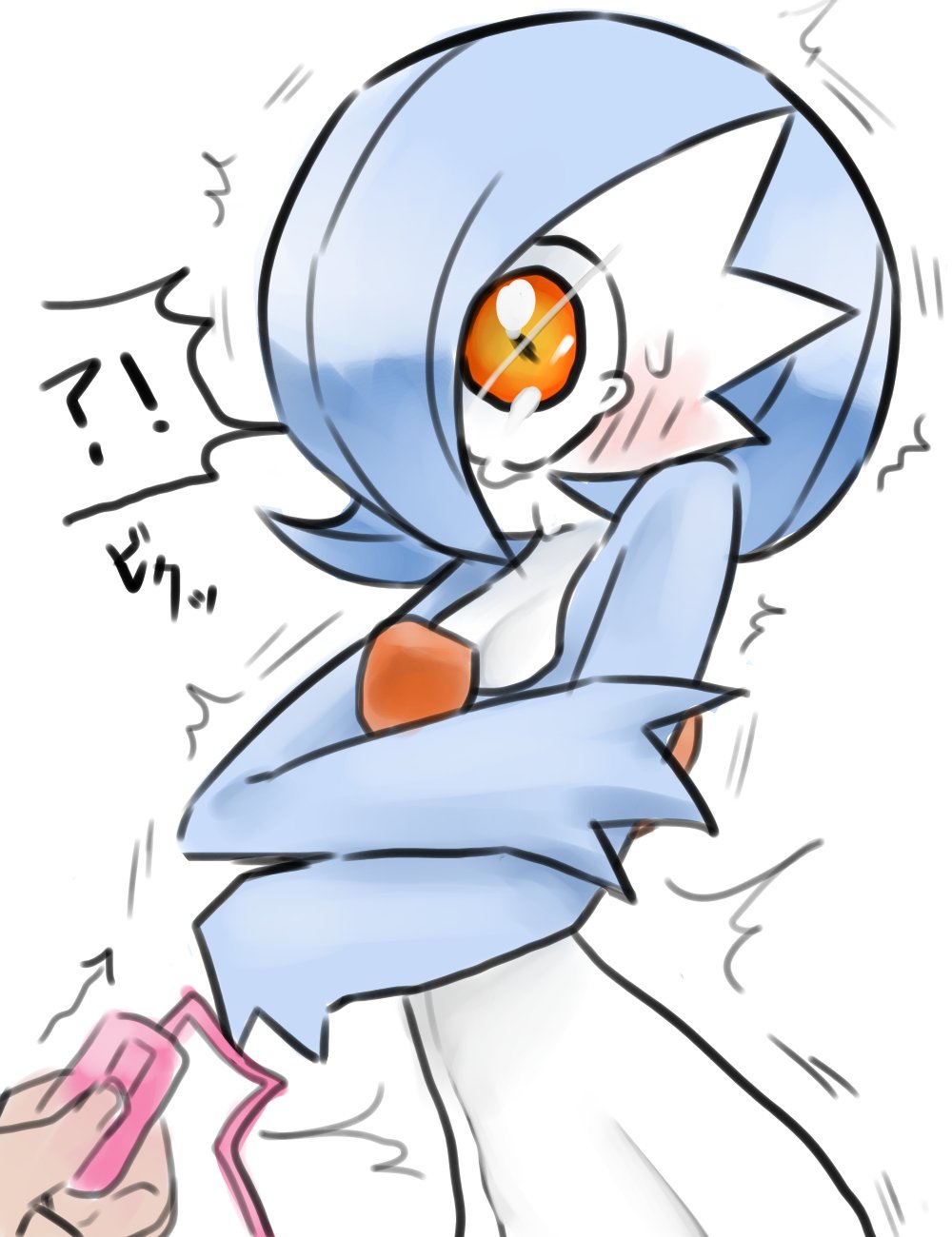 !? alternate_color blue_hair blue_skin blush bob_cut colored_skin crossed_legs dress female gardevoir highres kd_pkmn multicolored_skin orange_eyes out_of_frame pokemon pokemon_(creature) sex_toy shiny_pokemon simple_background sweatdrop trembling two-tone_skin vibrator white_background white_dress white_skin