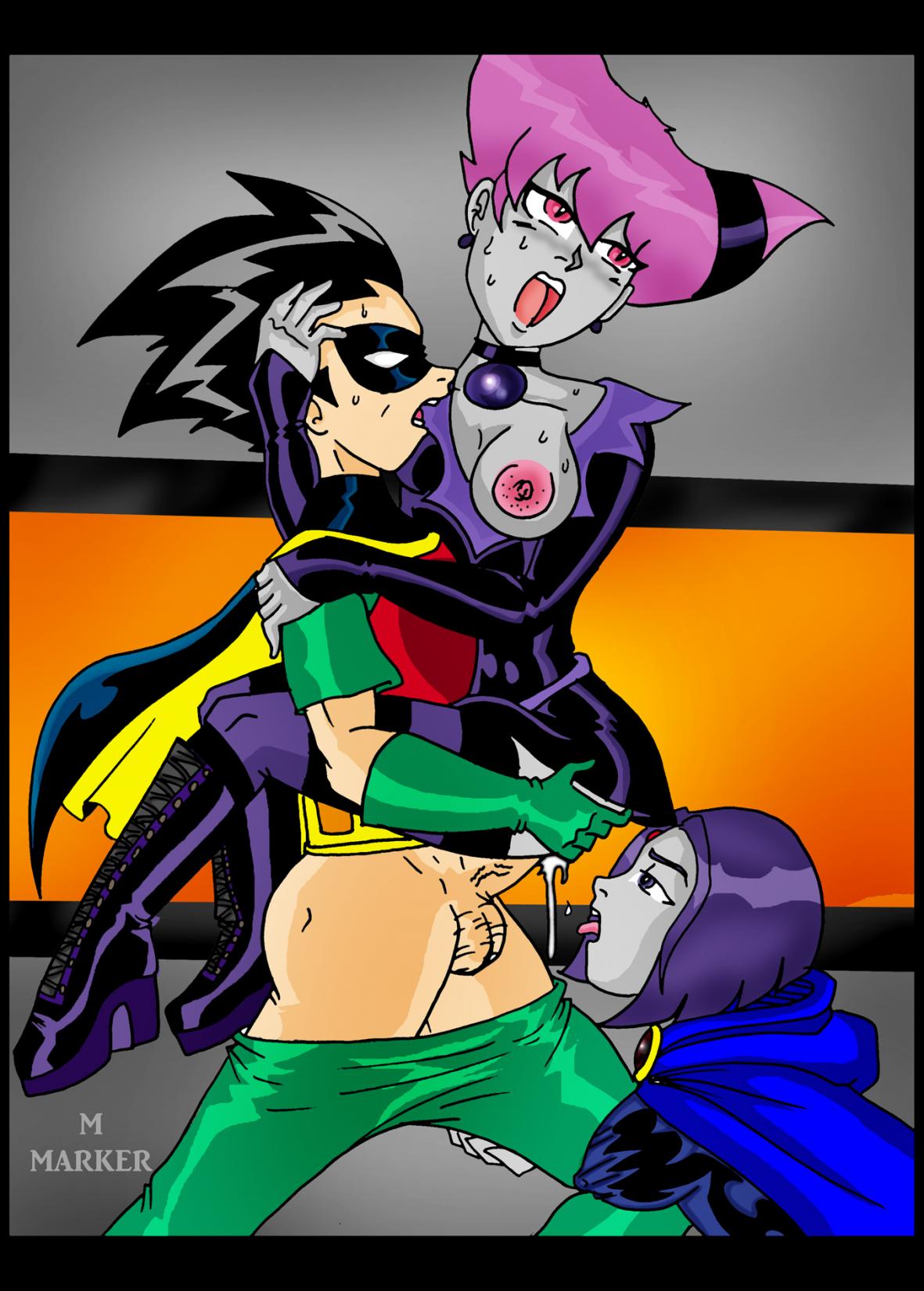 1boy 2girls dc dc_comics dick_grayson female human jinx_(dc) m_marker male multiple_girls pantyhose rachel_roth raven_(dc) robin_(dc) robin_(dick_grayson) straight teen_titans torn_pantyhose