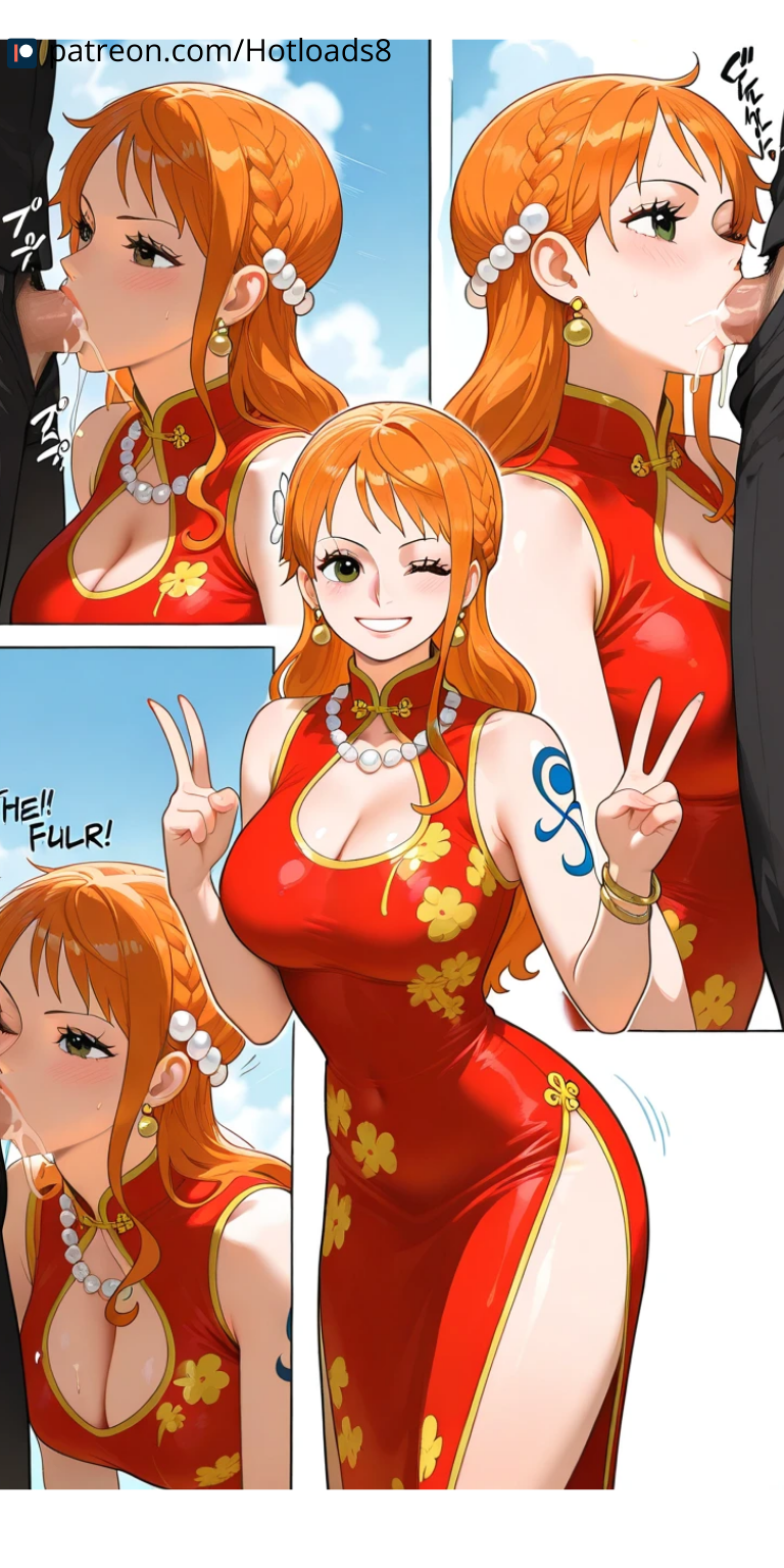 ai_generated blowjob breasts china_dress chinese_new_year clothing female hotload-8 male nami nami_(one_piece) one_piece petreon