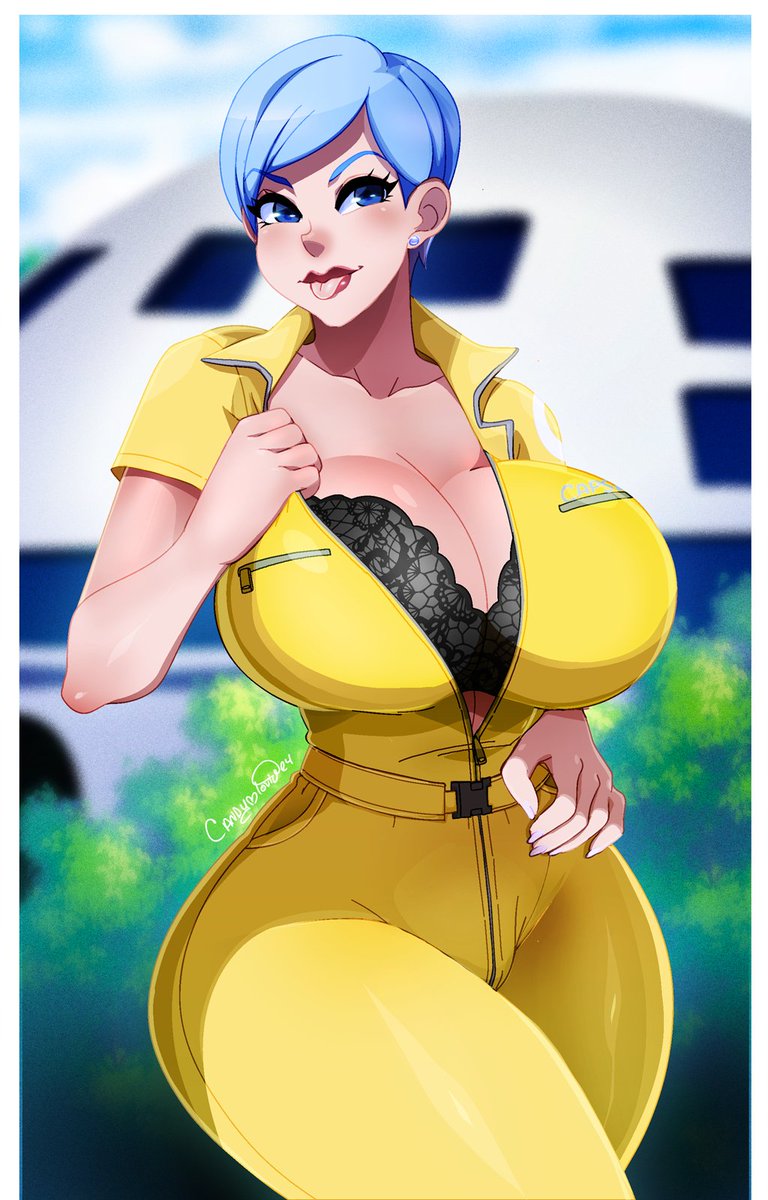 1girls big_breasts black_bra blue_eyes blue_hair bra breasts bulma_briefs cleavage clothing dragon_ball ear_piercing earrings female female_only hair hips huge_breasts jumpsuit lace lace-trimmed_bra lace_trim ladycandy2011 lingerie lips mature mature_female mature_woman milf mother short_hair solo solo_female tongue tongue_out wide_hips yellow_jumpsuit zipper zipper_down