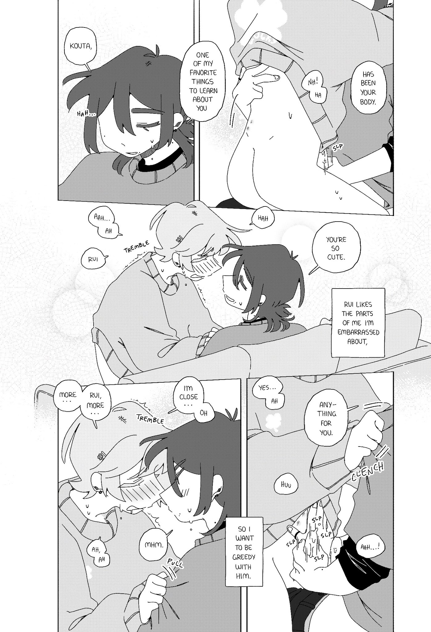 2boys, ahoge, arm around partner, ass, blonde hair, blush, bottomless, brown hair, cardigan, closed eyes, comic, couch, couch sex, cum, cum on hand, cum on penis, cumming from handjob, dialogue, earrings, ejaculation, english text, full-face blush, functionally nude, greyscale, hairclip, hand on another's stomach, imminent orgasm, juliegg, kiss mark, kouta (juliegg), looking at partner, looking down, looking pleasured, male, masturbation, moaning, mole, mole under eye, mole under mouth, monochrome, motion lines, original, pants down, partially clothed, penis, precum, precum on penis, romantic, romantic couple, rui (juliegg), shirt grab, sitting, sitting on couch, smile, sound effects, speech bubble, sweat, thought bubble, trembling, white background, wholesome, yaoi