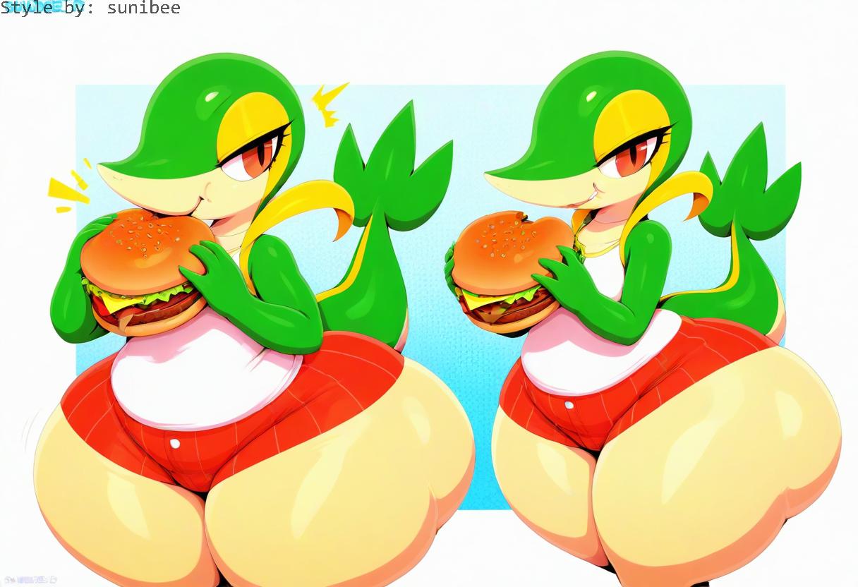 absurd_res ai_generated anthro big_butt bottomwear breasts burger clothed clothing duo eating eyelashes female food generation_5_pokemon green_body hellsonger hi_res holding_food nintendo plant pokemon pokemon_(species) pupils red_eyes reptile scalie shirt shorts simple_background slit_pupils snivy solo tank_top text thick_thighs topwear wide_hips