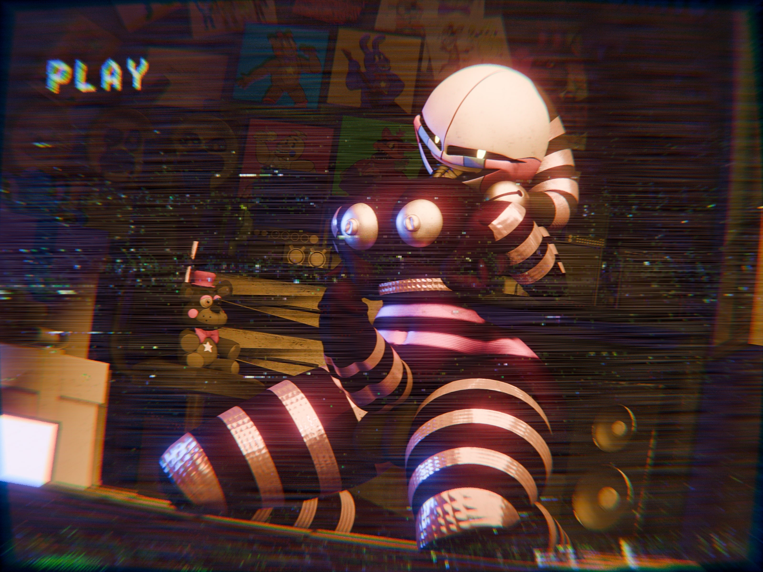 3d, 3d (artwork), 3d model, 3d render, areola, areolae, bell, belly, belly button, big ass, big breasts, big butt, big nipples, big thighs, black body, black sclera, blue tear, breast press, breast squeeze, breasts, breasts out, drawings, five nights at freddy's, fnaf, fnaf1 location, fnaf6, freddy fazbear's pizzeria simulator, futa focus, futa only, futanari, glowing eyes, intersex, lefty (fnaf), marionette (fnaf), metal tongue, nipples, nononuhuh (artist), on knees, open mouth, poster, poster (object), presents, puppet (fnaf), red cheeks, security puppet, security puppet (fnaf), self upload, sitting, smile, solo, squeezing, squeezing breast, striped body, stripes, tablet, tagme, tongue, tongue out, vhs filter, white head, yellow eyes