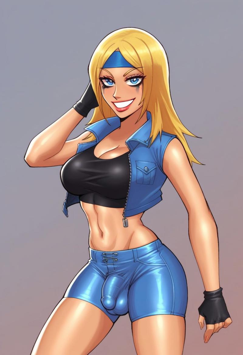 1futa 2d 2d_(artwork) ai_generated anasheya_(style) balls black_crop_top black_fingerless_gloves blonde_futa blonde_hair blonde_hair_futa blue_headband bulge cleavage crop_top cropped_jacket denim_jacket fingerless_gloves futa_only futanari gloves headband large_breasts light-skinned_futanari light_skin long_hair looking_at_viewer milf_enjoyer penis shorts smiling_at_viewer solo solo_futa spandex_shorts testicles