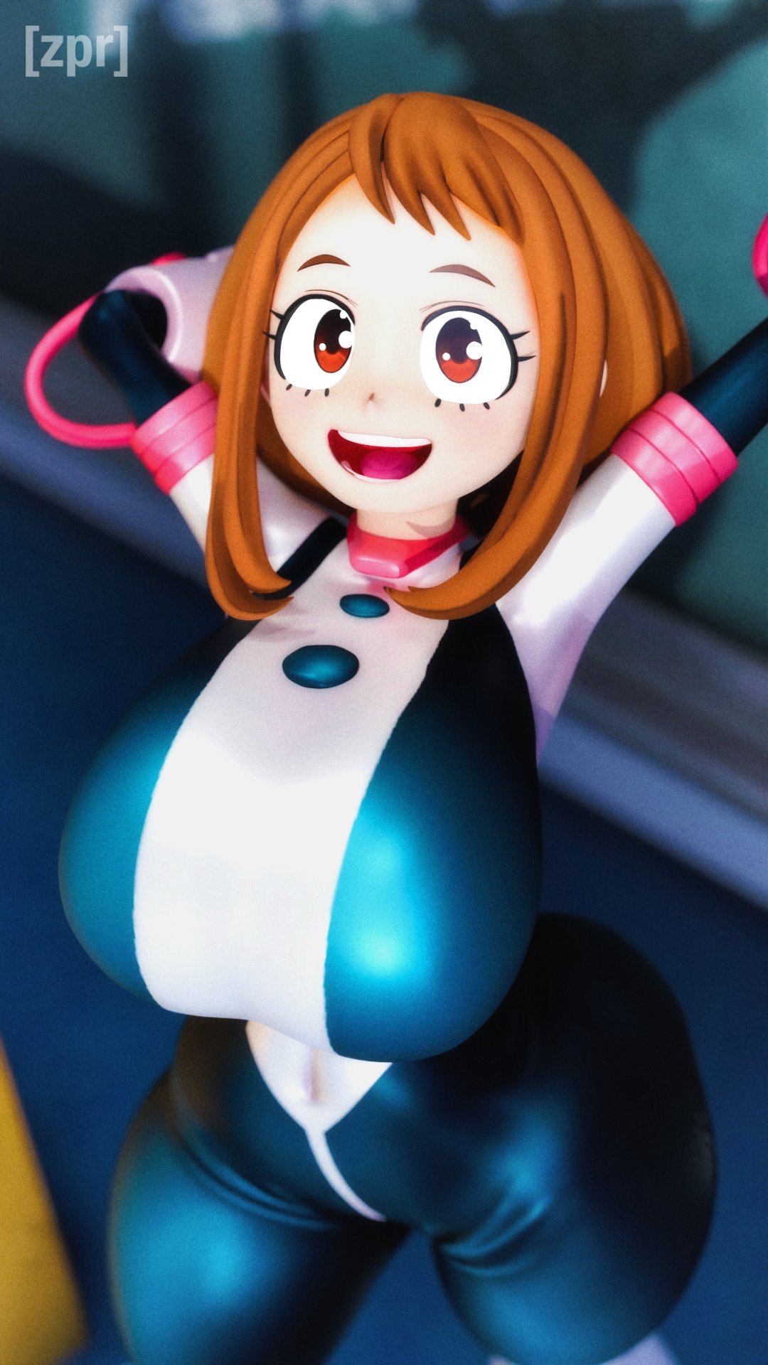 1girls, bodysuit, boku no hero academia, breasts, female, female only, huge breasts, my hero academia, ochako uraraka, smile, solo, solo female, tagme, voluptuous, zpr