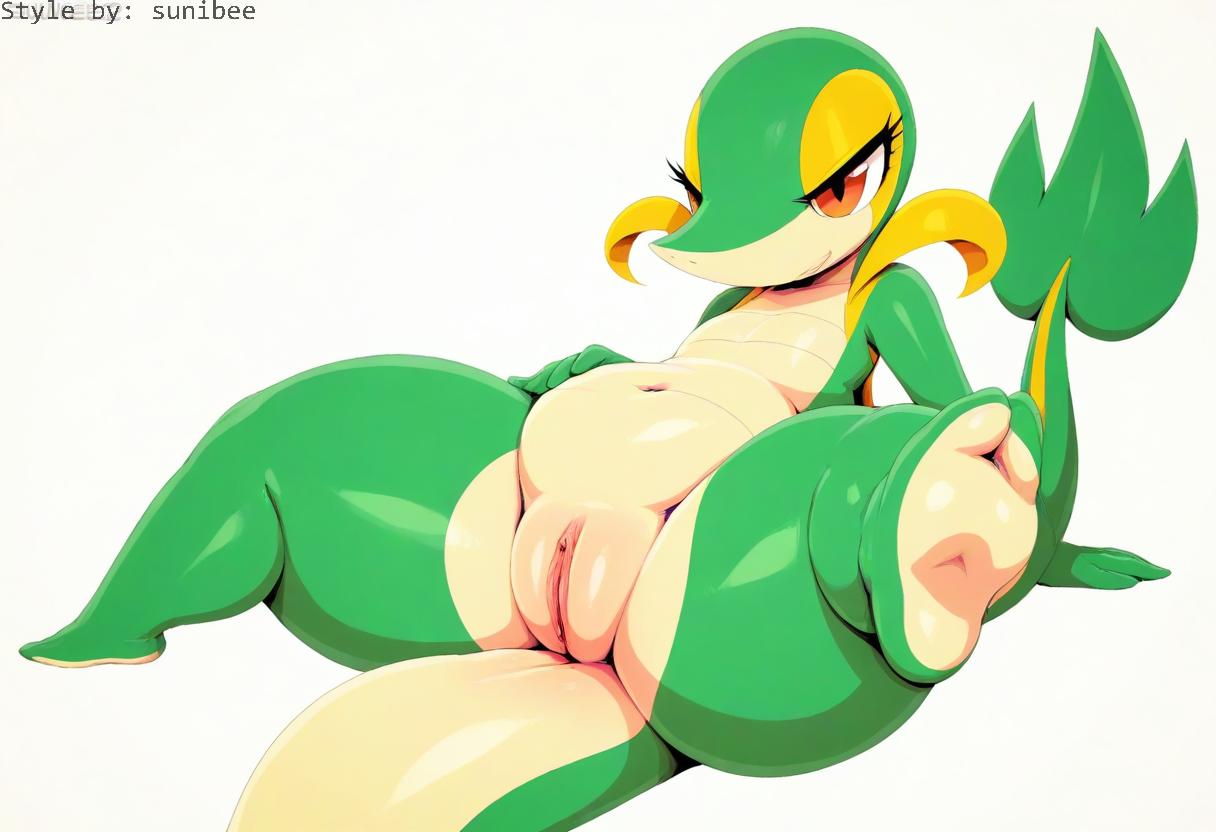 ai_generated anthro belly eyelashes female generation_5_pokemon genitals green_body half-closed_eyes hellsonger hi_res looking_at_viewer narrowed_eyes navel nintendo nude pokemon pokemon_(species) presenting presenting_pussy pussy red_eyes reptile scalie seductive simple_background smile snivy solo spread_legs spreading text thick_thighs white_background