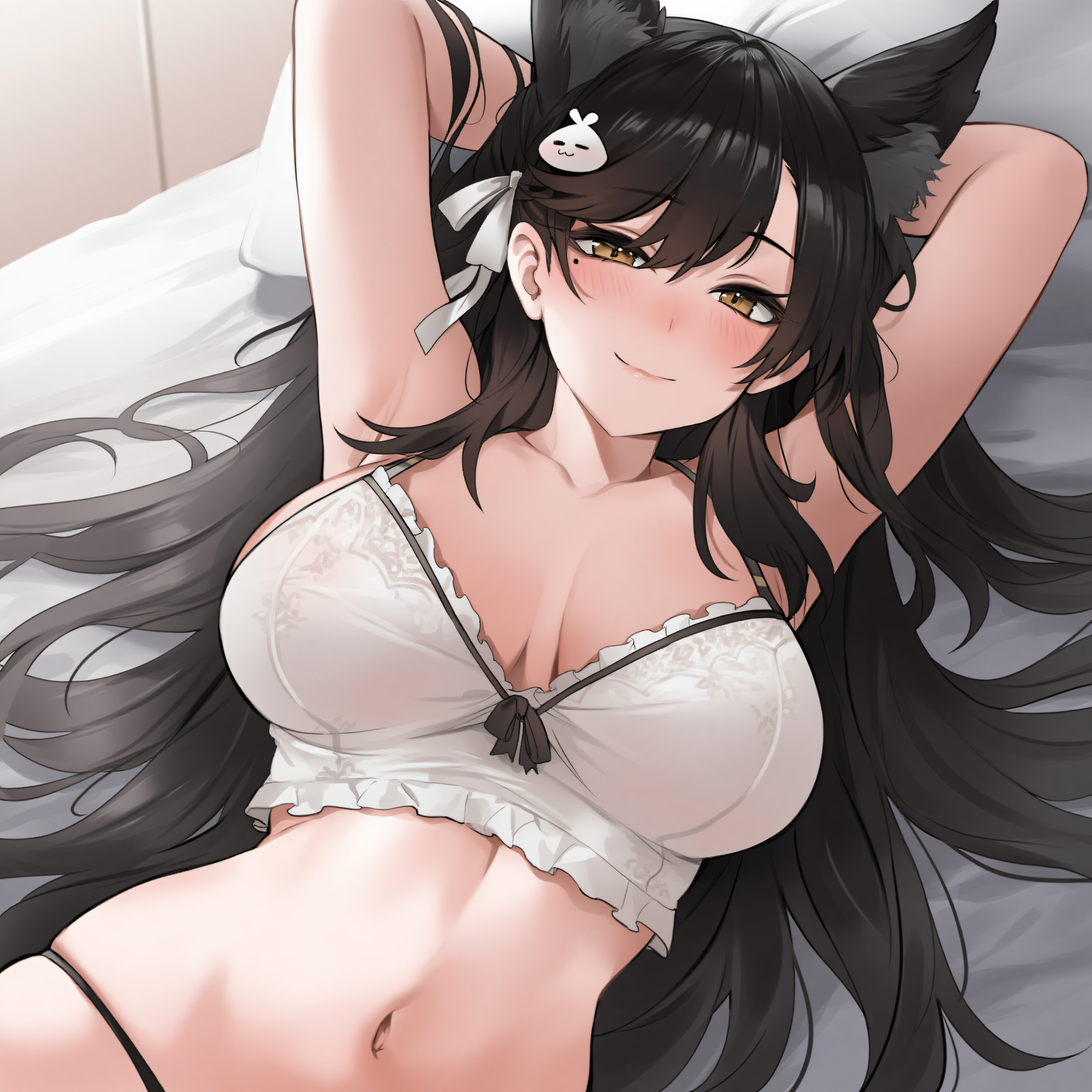 ai generated, animal ears, armpits, arms behind head, atago (azur lane), azur lane, bedroom, black hair, blush, bra, breasts, female, large breasts, long hair, multi ear, navel, ribbon, roxor, smile, solo, yellow eyes