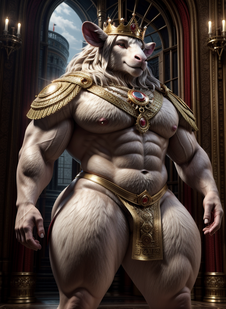 1boy abs ai_generated anthro anthro_male belly belly_button biceps bovid caprine castle confident crown fancy_clothing fantasy furry furry_male gold_(metal) gold_clothing gold_crown gold_jewelry golden_crown hips indoors inside jewelry king loincloth long_hair magnumdawn male male_focus male_only mature mature_male medieval muscles muscular muscular_arms muscular_male nipples oc original original_character pecs photorealistic royalty sheep sheep_boy skimpy skimpy_clothes skimpy_outfit small_bulge solo solo_focus solo_male stable_diffusion standing tall_male thick_thighs thighs white_body white_fur white_hair white_wool wide_ass wide_hips yellow_clothing