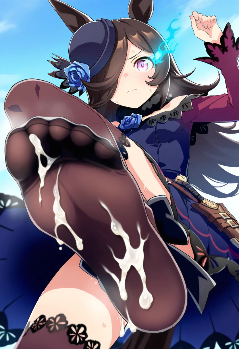 ai_generated animal_ears black_high_heels blue_sky brown_thighhighs cum_on_socks dagger feet flaming_eye foot_fetish foot_focus fur_collar hair_covering_one_eye hat_flower horse_ears horse_girl horse_tail long_sleeves looking_at_viewer mini_hat off_shoulder_dress rice_shower_(umamusume) sheath sweat tilted_headwear umamusume umamusume_pretty_derby