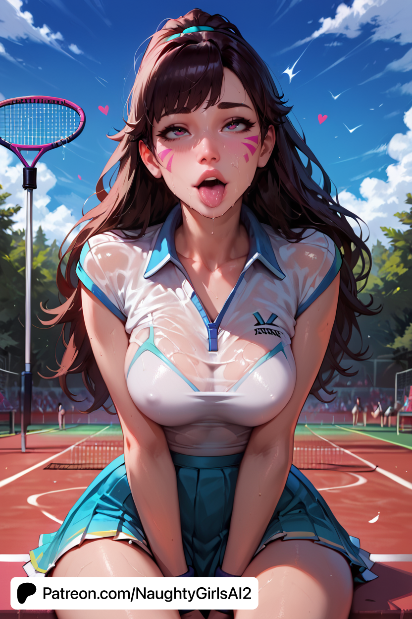 ai_generated animal_print artist_name bangs blue_skirt blue_sky bra breast_squeeze breasts brown_eyes brown_hair cleavage cloud cloudy_sky collarbone d.va day facial_mark female heart large_breasts long_hair looking_at_viewer medium_breasts naughtygirlsai open_mouth outdoors overwatch overwatch_2 patreon_username pleated_skirt racket school_uniform see-through shirt short_sleeves sitting skinny skirt sky solo tennis_racket tongue underwear v_arms watermark web_address wet wet_clothes wet_shirt whisker_markings