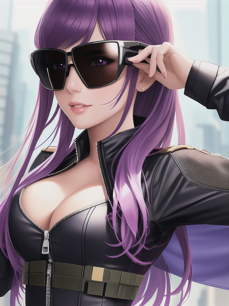 1girls adjusting_eyewear adjusting_glasses adjusting_sunglasses ai_generated cleavage large_breasts leatherjacket long_hair looking_at_viewer original original_character purple_eyes purple_hair shmebulock36 solo sunglasses tinted_eyewear