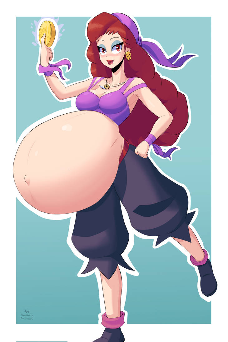 1girls arawaffle belly_bulge big_belly captain_syrup coin female huge_belly hyper_pregnancy mario_(series) necklace pirate pregnant pregnant_female red_eyes red_hair smile wario_(series) wario_land white_body