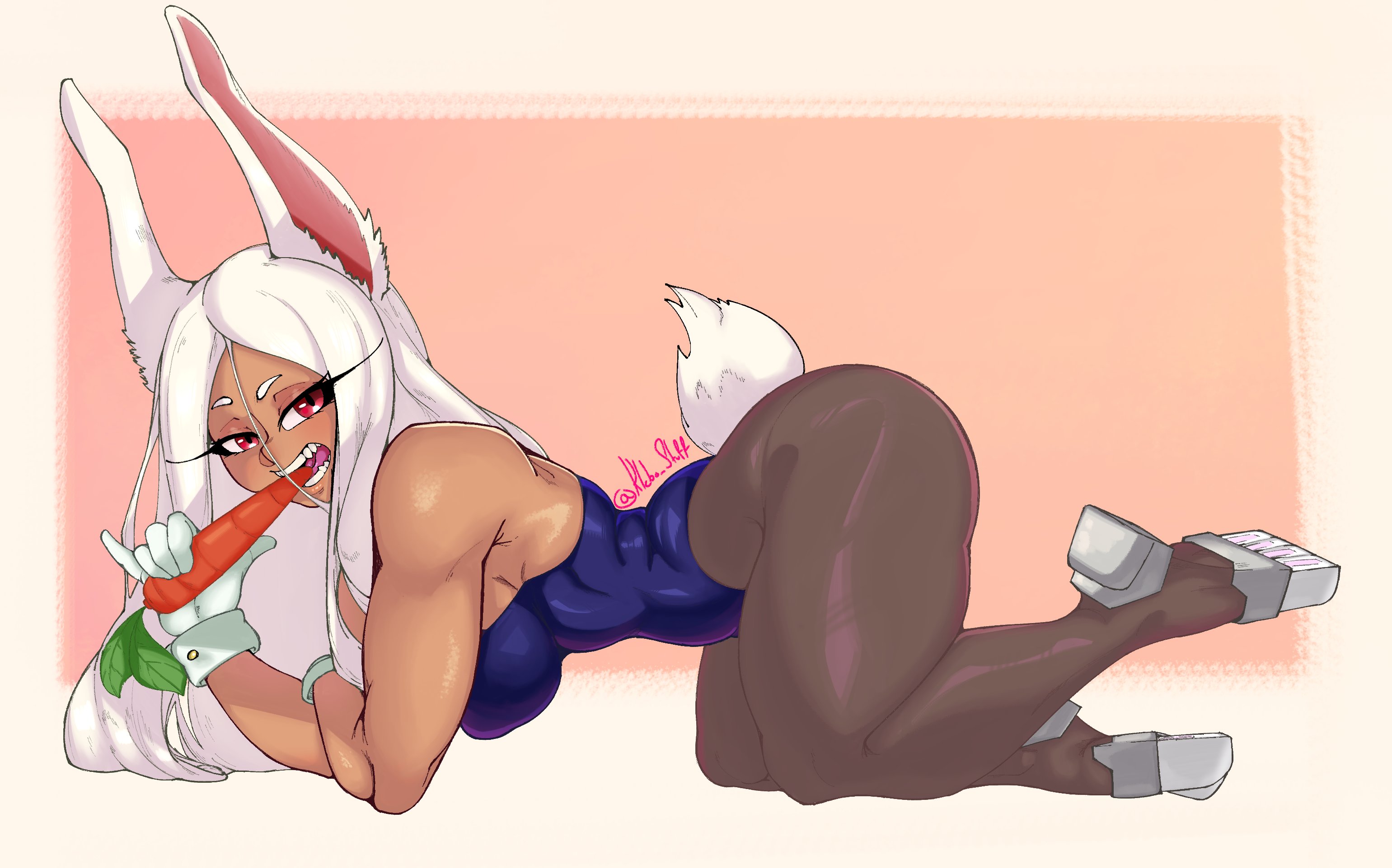 1girls, bunny ears, bunny girl, bunny tail, bunnysuit, carrot, dark skin, dark-skinned female, eating, female, female only, gloves, klebo stuff, long hair, looking at viewer, lying, lying on stomach, miruko, my hero academia, narrowed eyes, pantyhose, red eyes, rumi usagiyama, side view, solo, thick thighs, very high resolution, white hair, wrist cuffs
