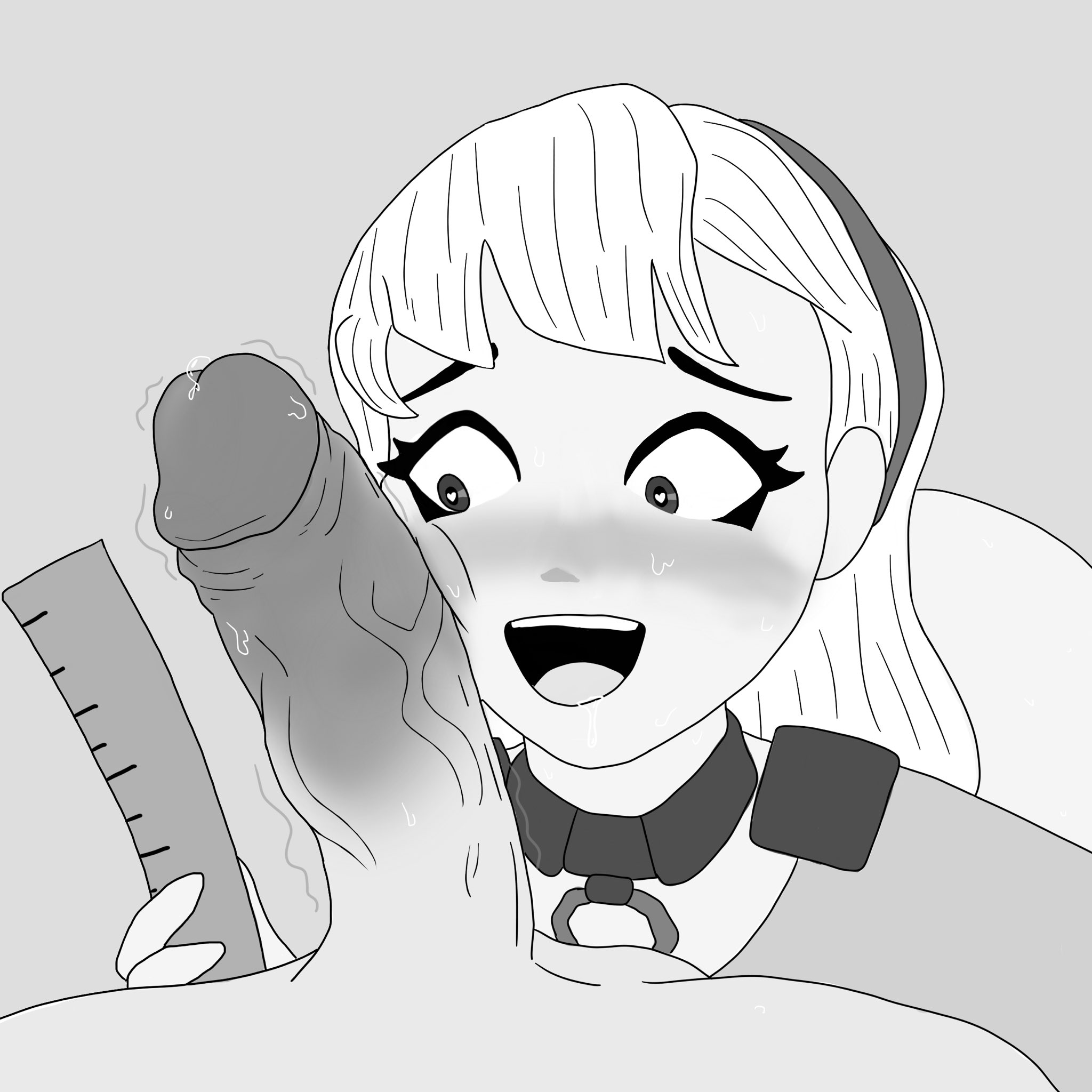 big penis, blabidyblooblah, black and white, female, fortnite, heart-shaped pupils, lexa (fortnite), male, measuring, measuring penis, nonamefool3, penis, penis awe, penis bigger than measuring device, straight, uncensored
