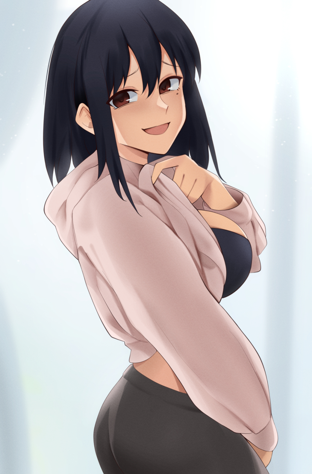 1girls ass big_breasts black_hair bra breasts breasts_out brown_eyes clothed clothing eqeart female_focus female_only hidden_curves hoodie looking_at_viewer medium_hair misaki_nagatoro open_mouth please_don't_bully_me,_nagatoro revealing_clothes shirt_lift sideboob simple_background smile solo solo_female viewed_from_side white_background