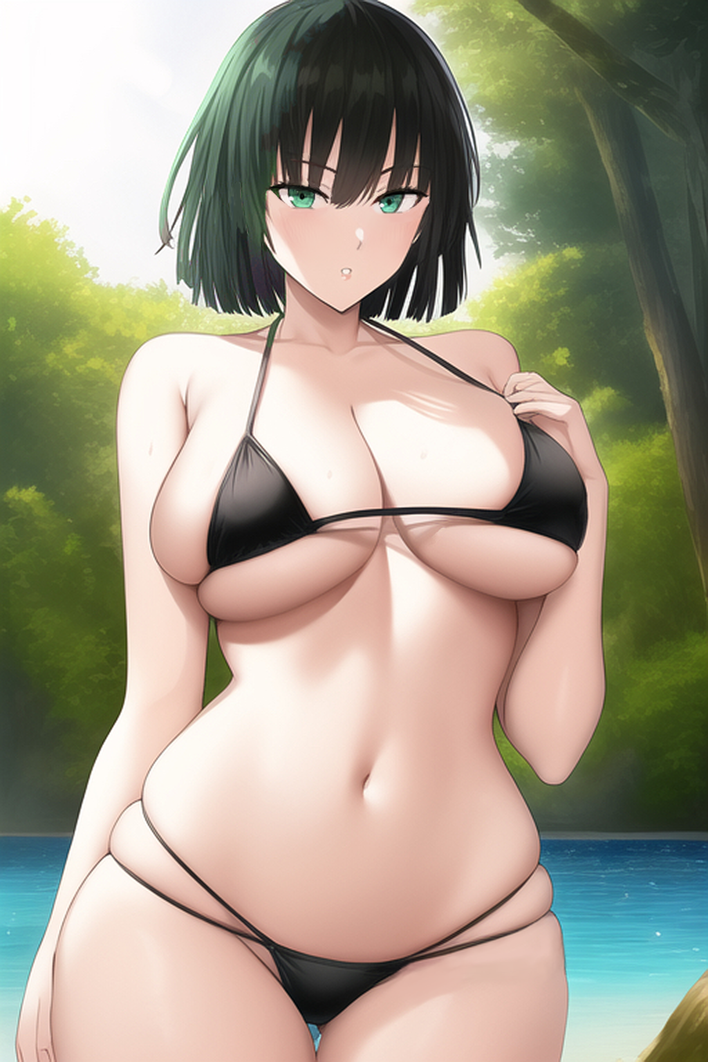 1girls, ai generated, bangs, belly, belly button, big breasts, bikini, breast squeeze, breast squish, breasts, busty, cleavage, clothed, clothing, curvaceous, curvy, curvy body, curvy female, curvy figure, dark green hair, female, fringe, front view, fubuki (one-punch man), green eyes, green hair, hips, hourglass figure, huge breasts, lake, large breasts, light skin, light-skinned female, lips, lipstick, looking at viewer, medium hair, midriff, nai diffusion, navel, one-punch man, open mouth, outside, shiny skin, short hair, slim, slim waist, stable diffusion, standing, thick thighs, thighs, voluptuous, waist, water, wide hips