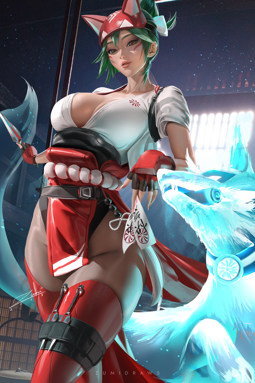 1girls, 2d, artist signature, breasts, cleavage, female, green hair, hips, huge breasts, kiriko (overwatch), light skin, light-skinned female, looking at viewer, naughty face, overwatch, overwatch 2, ponytail, short hair, slim waist, thick lips, thick thighs, thighs, watermark, wide hips, zumi