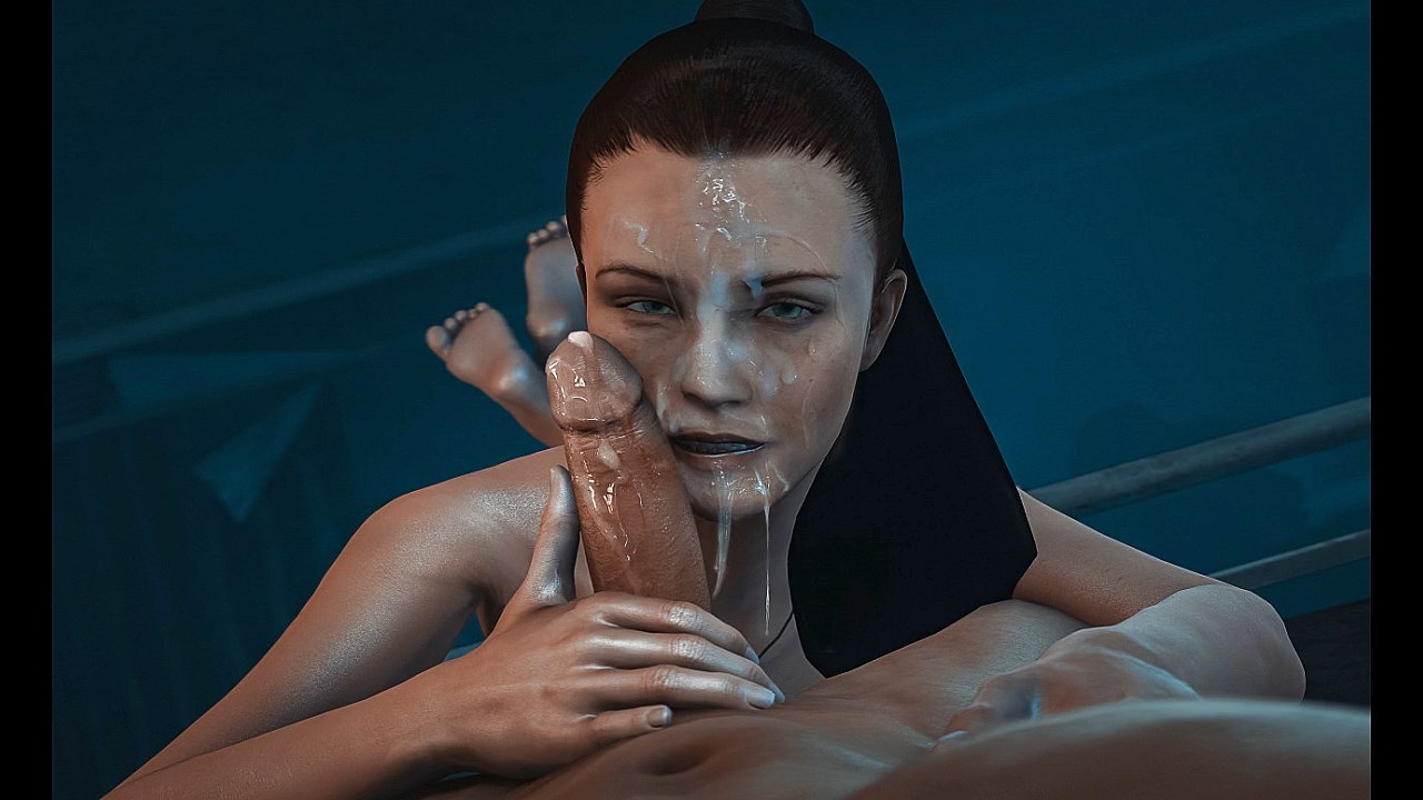 1boy, 1girls, 3d, after fellatio, cum, cum on face, erection, feet, female, hand on penis, hitman (series), hitman absolution, looking at viewer, male, navel, nude, penis, soles, toes, uncensored, unknown artist, victoria burnwood