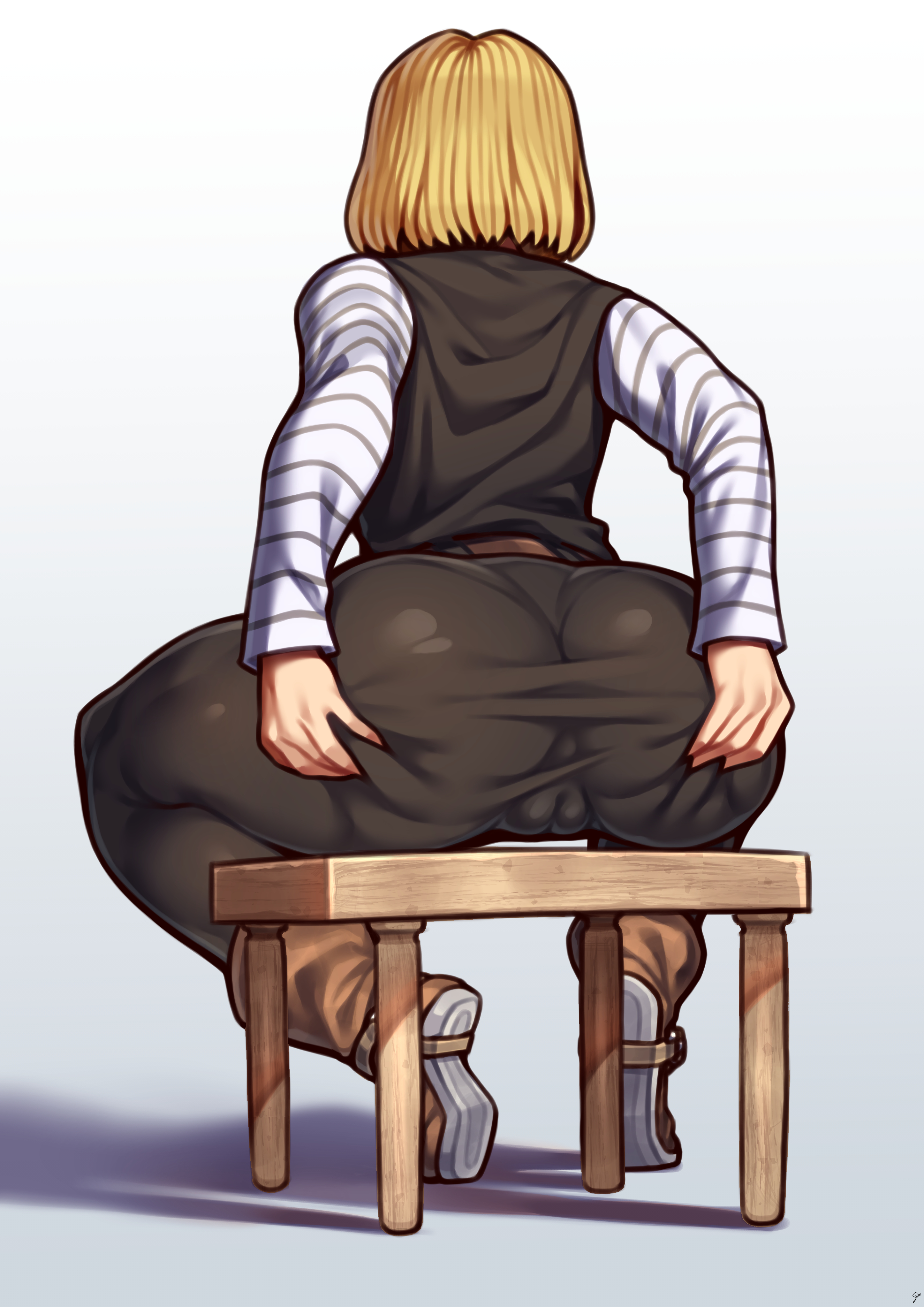 1girls, about to burst, android 18, ass, ass too big, back view, barely contained ass, barely fits, big ass, big ass (female), blonde hair, bubble butt, coffeelove68, dragon ball, dragon ball z, female, fully clothed, grabbing own ass, huge ass, huge ass (female), imminent wardrobe malfunction, leggings, short hair, sitting, sitting on chair, solo, thick thighs, thighs, tight fit, tight pants