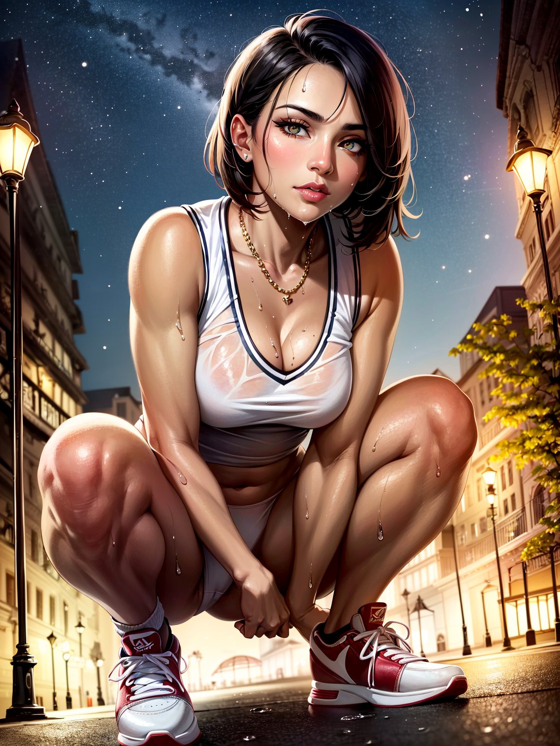 1girls, 2023, ai generated, big breasts, black hair, breasts, curvy, curvy female, curvy figure, female, high resolution, jogging, looking at viewer, medium hair, seductive look, short hair, squatting, stable diffusion, sweat, sweating