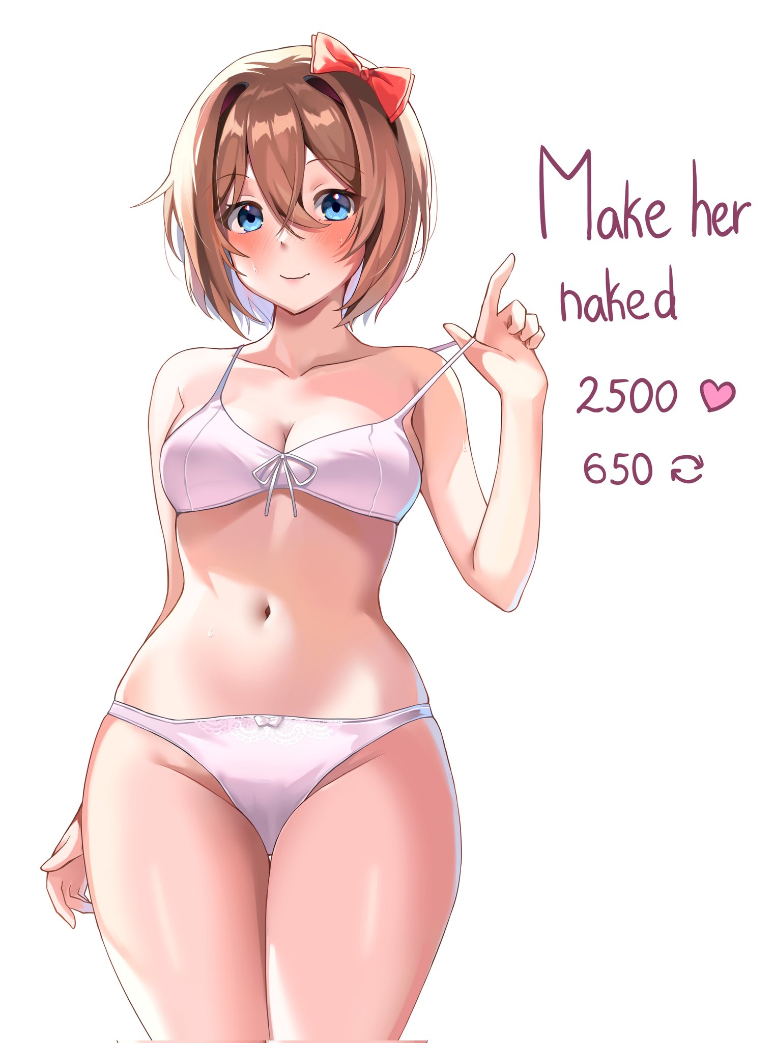 1girls, blue eyes, blush, bra, breasts, brown hair, cleavage, clothed, clothing, doki doki literature club, english text, female, female only, hair between eyes, hairbow, just sayori, light skin, light-skinned female, like icon, looking at viewer, machulanko, medium breasts, navel, panties, portrait, removing bra, retweet icon, sayori (doki doki literature club), shiny, shiny skin, short hair, simple background, smile, solo, solo female, standing, strip game, sweat, text, thick thighs, thighs, three-quarter portrait, underwear, white background, white bra, white panties, white underwear