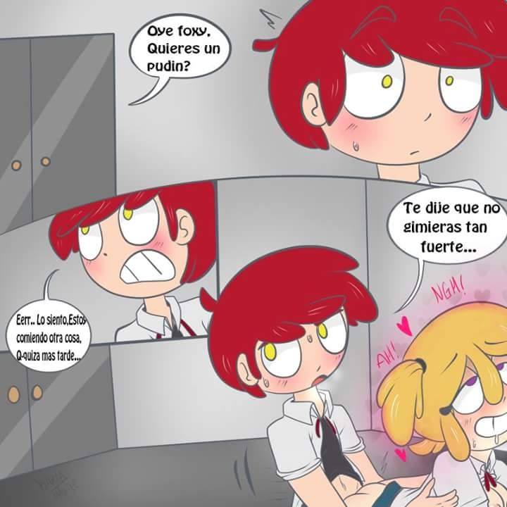 aiden_fox_(fnafhs) ann_chica_(fnafhs) big_breasts blonde_hair chica_(fnafhs) fnafhs foxy_(fnafhs) foxy_fnafhs penis_in_pussy red_hair spanish_text