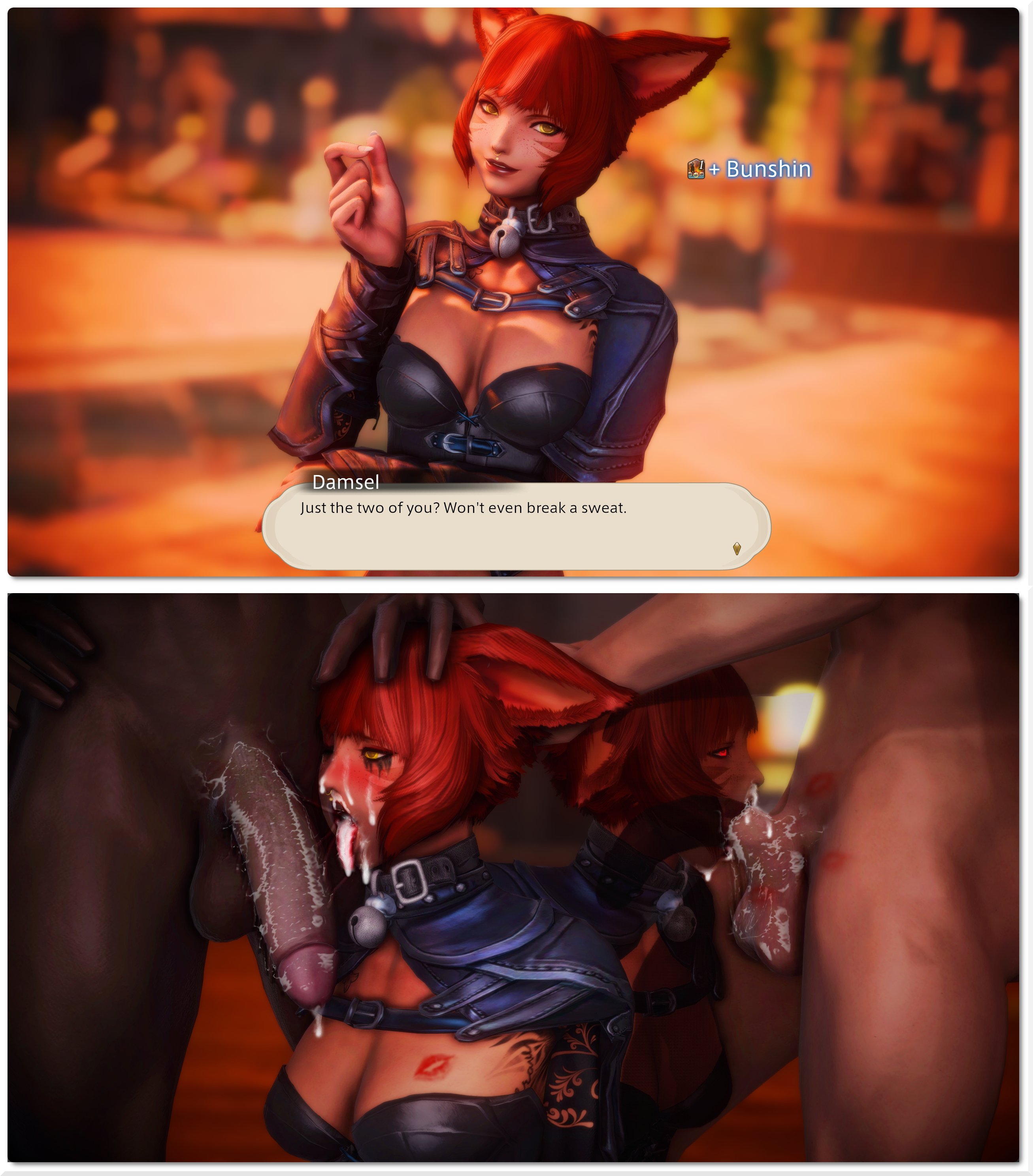 2koma, blush, clone, cum, defeated, fellatio, female, final fantasy, final fantasy xiv, gpose (ffxiv), instant loss 2koma, male, miqo'te, oral, pawgnova, runny makeup, smug, status effect, tagme