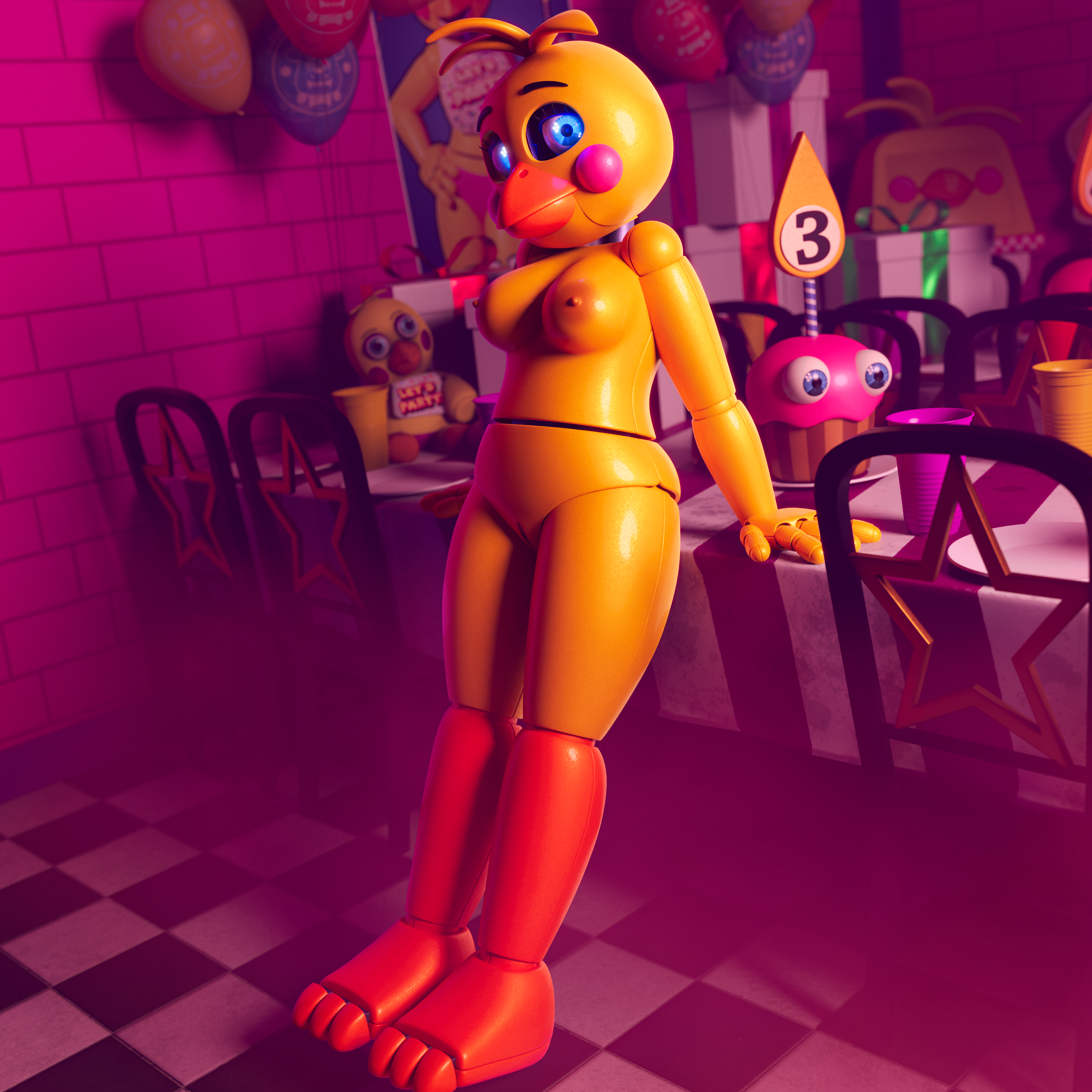 animatronic, blue eyes, female, five nights at freddy's, five nights at freddy's 2, fnaf, solo, toy chica (ashleyorange), toy chica (fnaf), zxxxarts