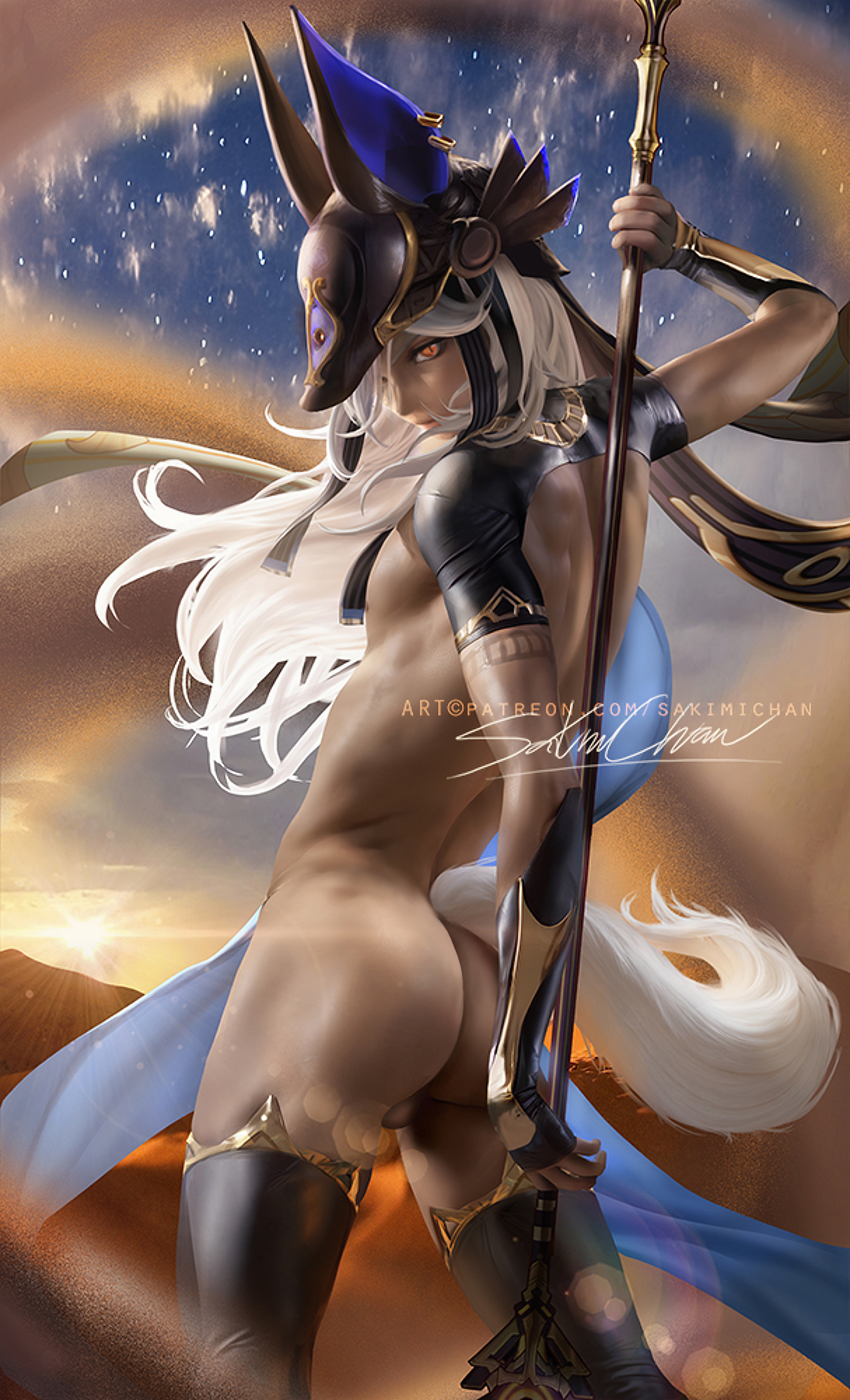 1boy, ass, balls, cyno (genshin impact), dark skin, dark-skinned femboy, dark-skinned male, dark-skinned sissy, dark-skinned twink, femboy, genshin impact, looking at viewer, male, male only, orange eyes, sakimichan, solo, solo male, tail, white hair