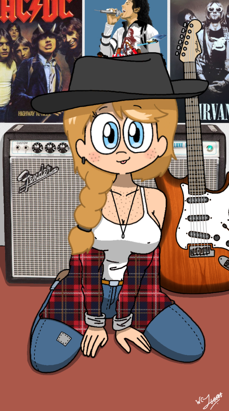 1girls ac/dc alternate_version_available amplifier bedroom blue_eyes camie_(writers_crusaders) camie_timberlake_audrey cowboy_hat electric_guitar fender_(brand) freckles ginger_hair guitar jeans kneeling kneeling_down nirvana plaid_shirt poster posters side_braid solo solo_female stratocaster uncensored wcjuan writers_crusaders