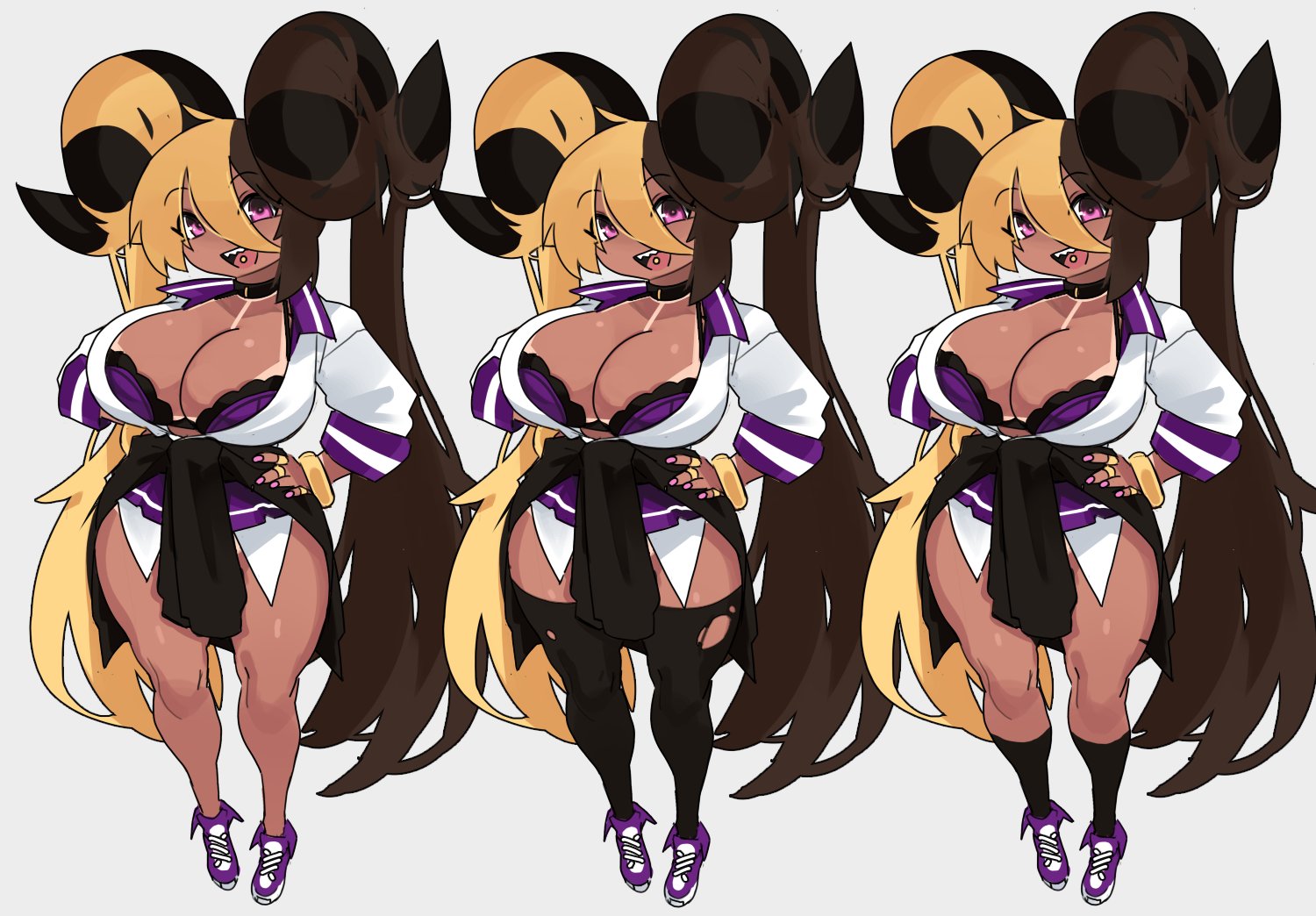 1girls, aife (zanamaoria), big breasts, big horns, black thighhighs, blonde hair, bra, breasts, brown hair, brown skin, character sheet, cleavage, curved horns, demon, demon horns, female, gyaru, hair on horn, hand on hip, hi res, horns, huge breasts, looking at viewer, massive breasts, original, original character, pointy teeth, purple eyes, shortstack, smiling, smiling at viewer, succubus, tan, tan-skinned female, tanline, tanlines, tanned skin, thighhighs, tongue piercing, twintails, two-tone hair, very long hair, white backgroundzanamaoria