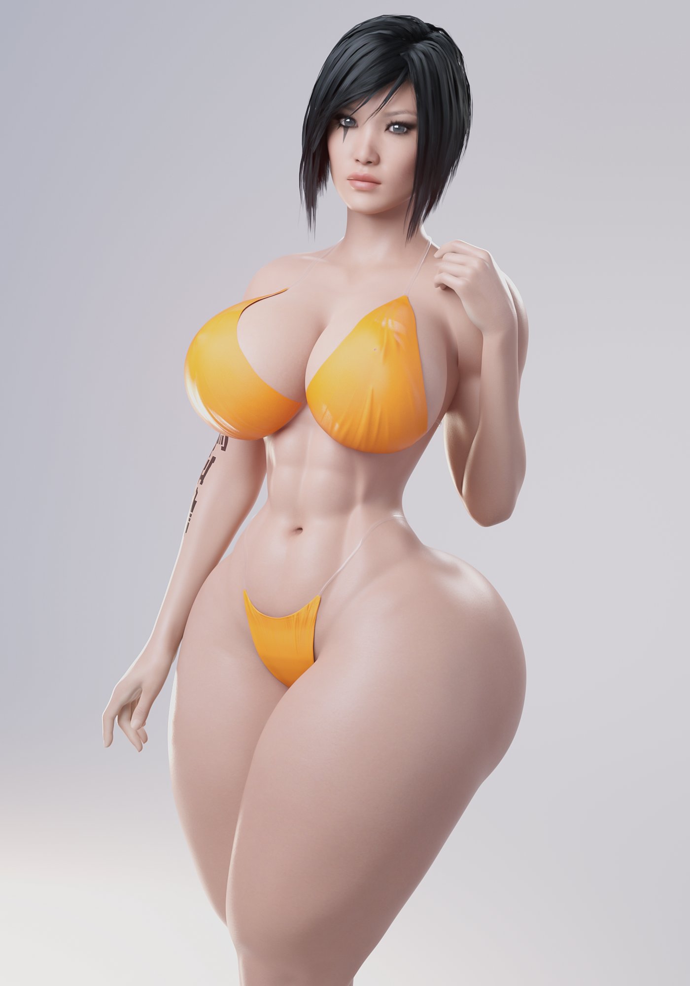 1girls, 3d, abs, asian, asian female, audrix, bikini, black hair, breasts, faith connors, faith connors (mirror's edge catalyst), female, female only, large breasts, mirror's edge, mirror's edge catalyst, navel, short hair, solo, swimsuit, tattoo, thick thighs, wide hips