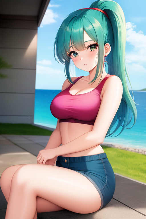 1girls ai_generated blue_hair blue_sky blushing bulma_briefs cloud crop_top dragon_ball green_eyes jean_shorts long_hair looking_at_viewer medium_breasts pink_crop_top ponytail sea sitting solo_female thehornyai thick_thighs white_skin