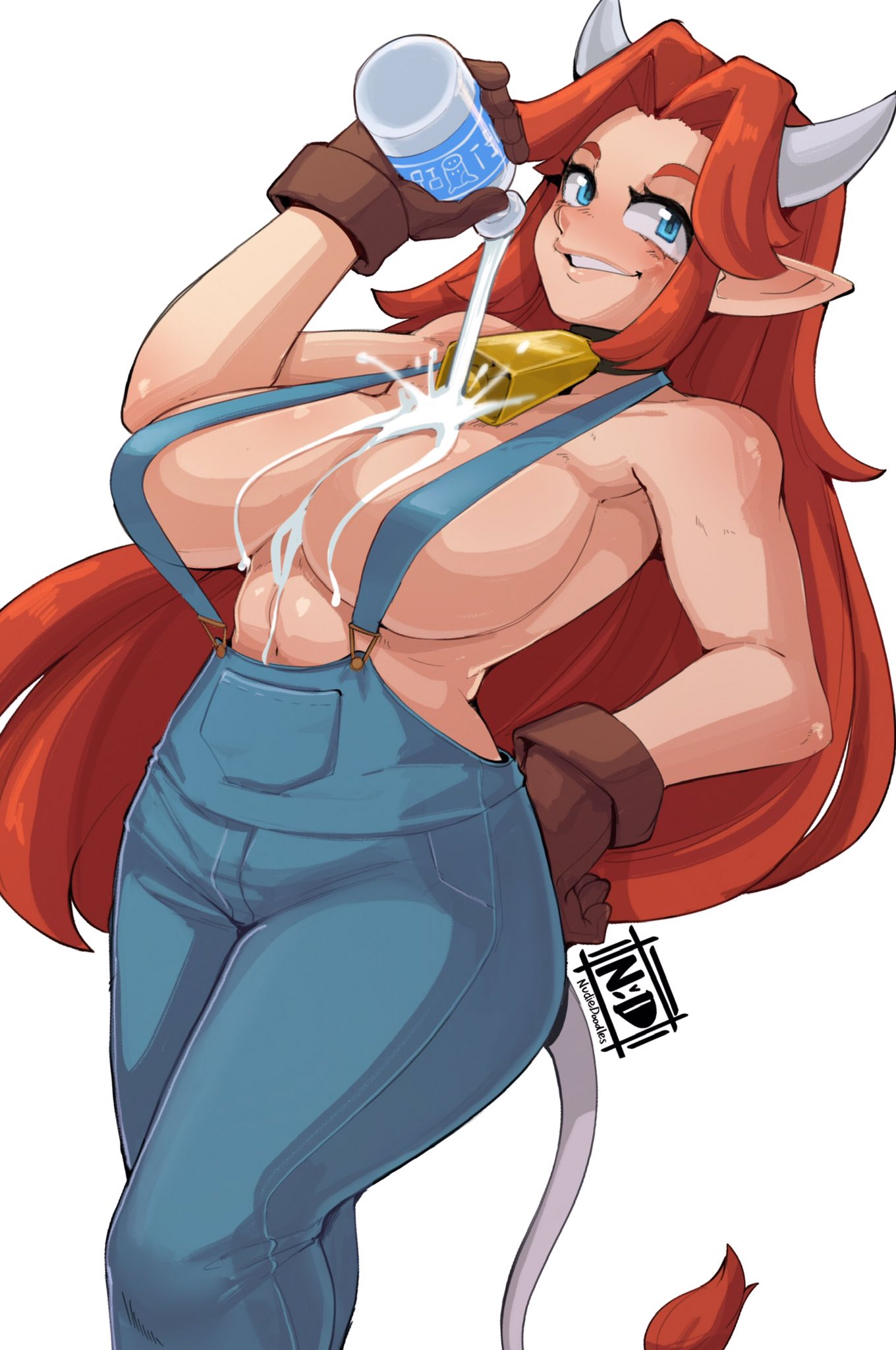 1girls aged_up bell_collar blue_eyes breasts cleavage clothed cow_bell cow_girl cow_horns cow_tail cremia denim farmgirl female gloves huge_breasts long_hair majora's_mask malon milk milk_bottle naked_overalls naked_suspenders nudiedoodles ocarina_of_time overalls pointy_ears pouring_milk red_hair sideboob solo suspenders the_legend_of_zelda