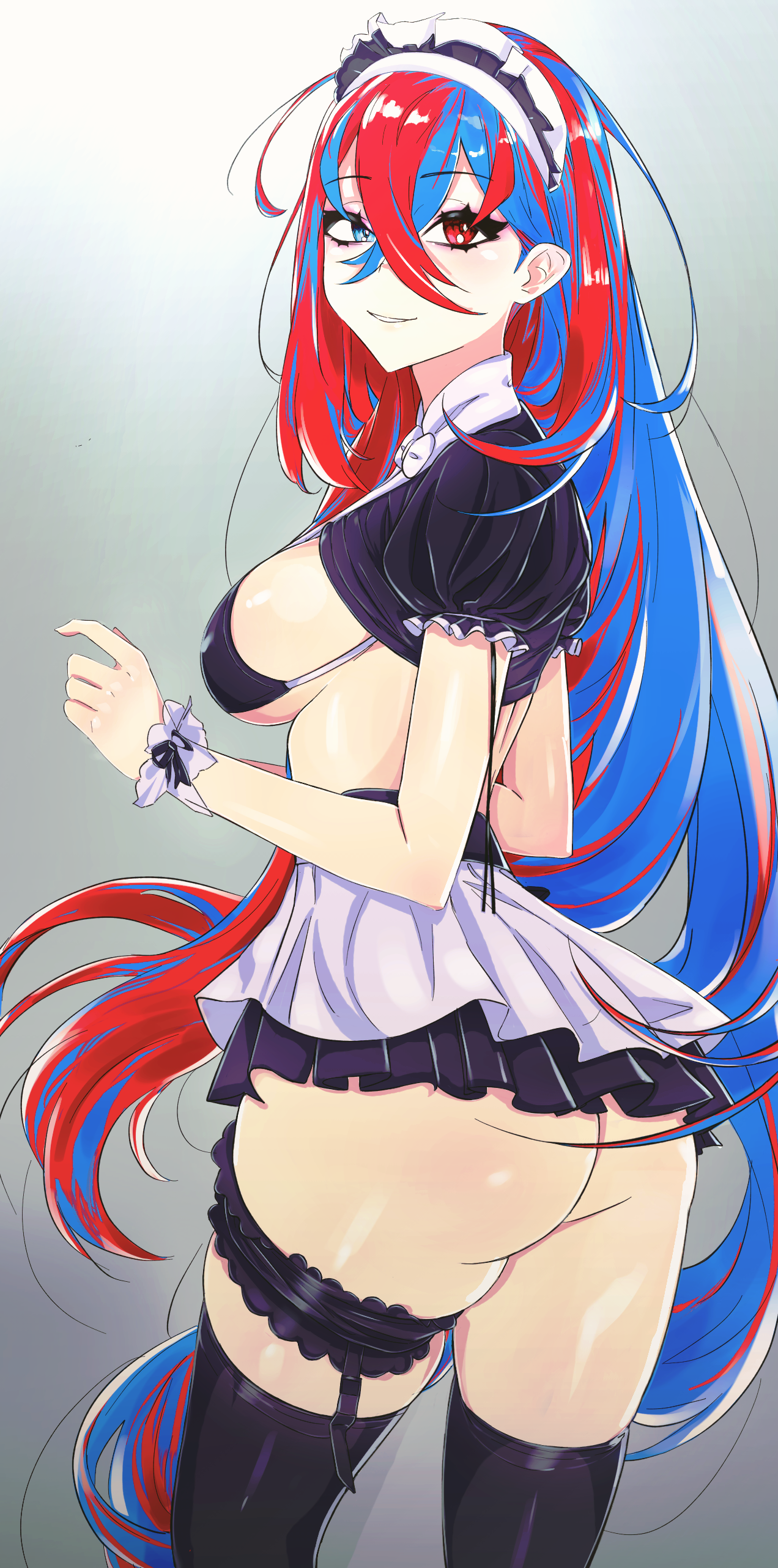 1girls, absurdres, alear (fire emblem), alear (fire emblem) (female), alternate costume, ass, bangs, bare thighs, big ass, bikini, black bikini, blue eyes, blue hair, breasts, crossed bangs, english commentary, female, female only, fire emblem, fire emblem engage, frills, heterochromia, highres, huge ass, long hair, looking at viewer, maid, maid bikini, medium breasts, multicolored hair, nintendo, red eyes, red hair, skindentation, skirt, smile, solo, swimsuit, thick thighs, thighhighs, thighs, two-tone hair, very long hair, xeratonin