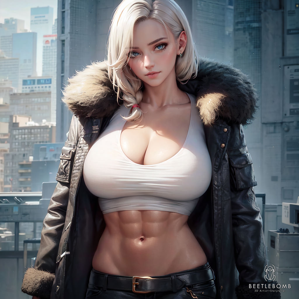 1girls 2023 abs ai_generated beetlebomb big_breasts black_jacket curvy curvy_female curvy_figure denim_jeans female female_focus fit_female hi_res high_resolution highres medium_hair original_character seductive_look short_hair solo stable_diffusion voluptuous_female white_hair