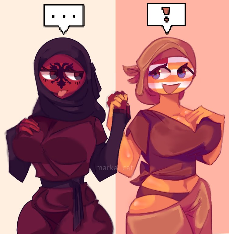 !, ..., 2girls, albania (countryhumans), big breasts, blue eyes, boer female, breasts, clothed female, clothing, countryhumans, countryhumans girl, female, female only, hijab, markai cat, orange free state (countryhumans), red eyes, simple background, thighs, thighs together, tongue, tongue out