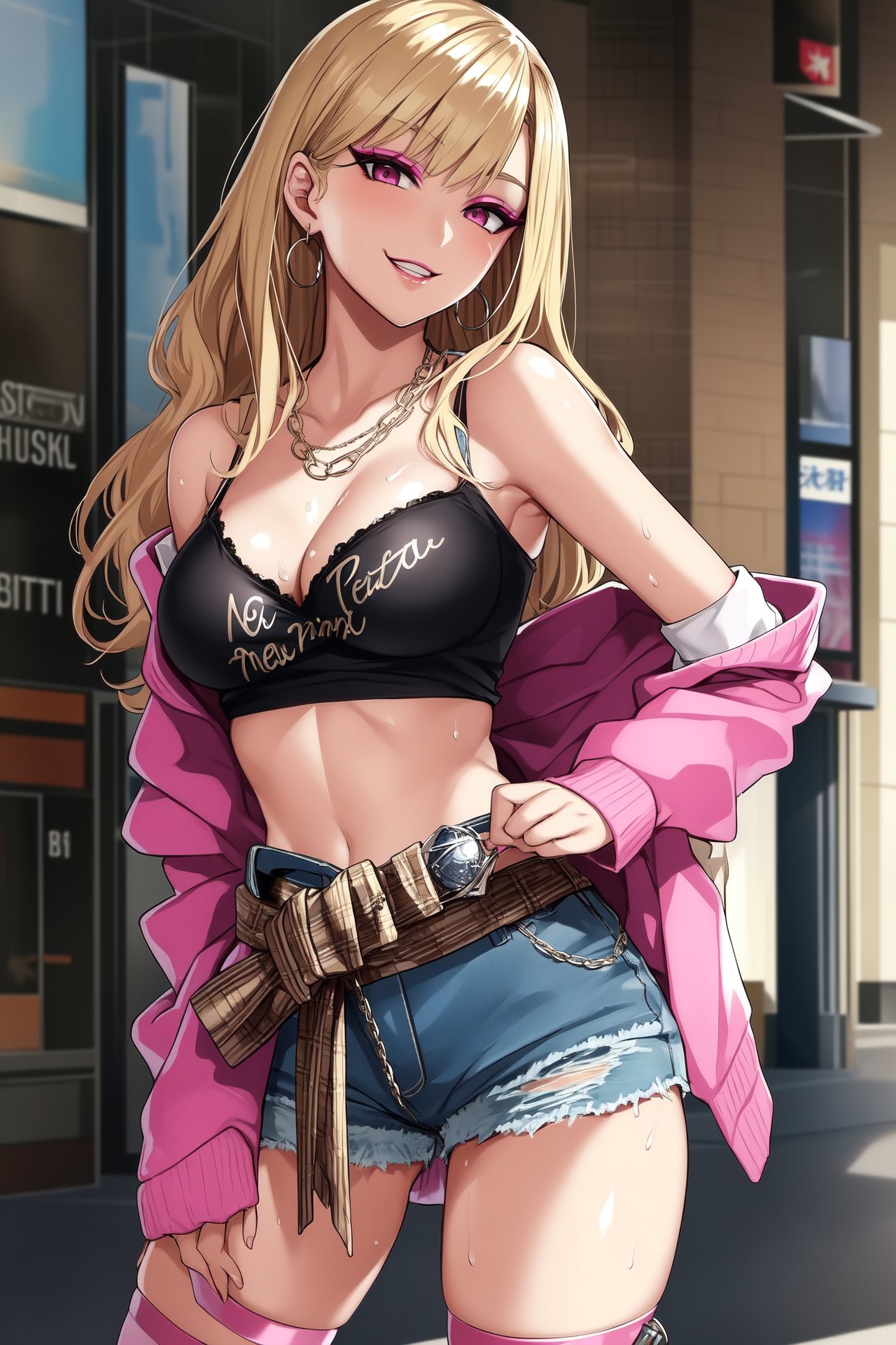 1girls, 2023, ai generated, big breasts, blonde hair, breasts, curvy, curvy female, curvy figure, denim shorts, female, female focus, female only, gyaru, hi res, high resolution, kitagawa marin, long hair, pink jacket, sono bisque doll wa koi wo suru, stable diffusion
