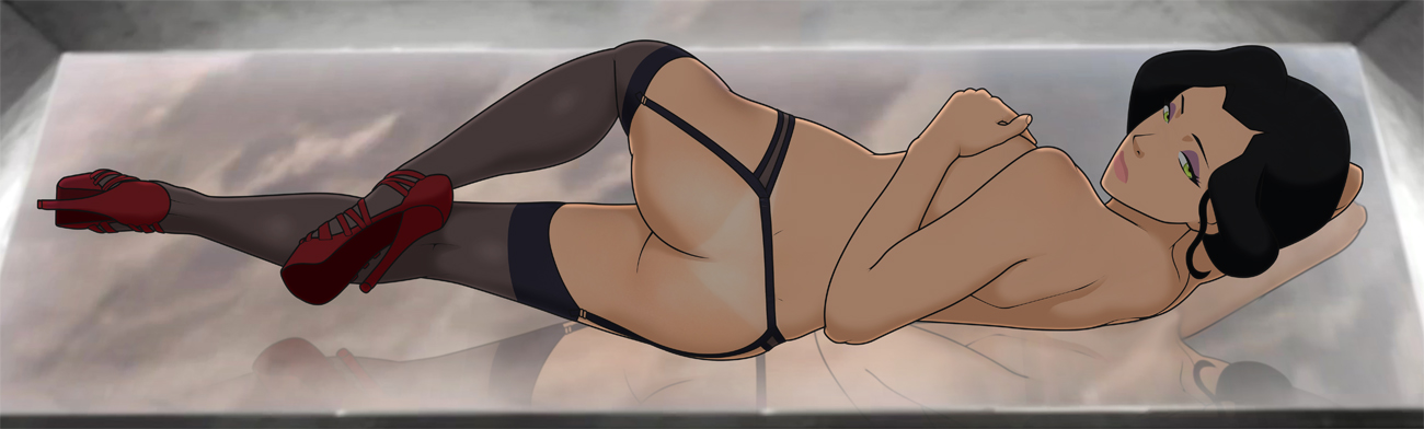 1girls, anaxus, asami sato, ass, avatar legends, breasts, covering breasts, female, female only, garter belt, garter straps, heels, high heels, human, lying, lying on side, makeup, naked footwear, solo, stockings, the legend of korra