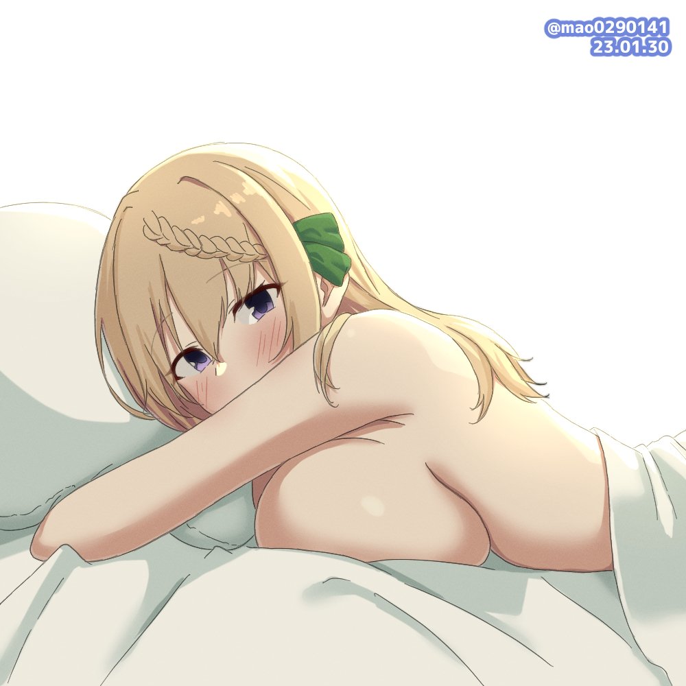 bed bed_sheet blanket blonde_hair blush braid braided_bun breasts dated female female_only hair_bun huge_breasts kantai_collection large_breasts long_hair looking_at_viewer lying m.a.o medium_hair nude on_bed on_stomach perth_(kantai_collection) pillow purple_eyes solo_female twitter_username upper_body