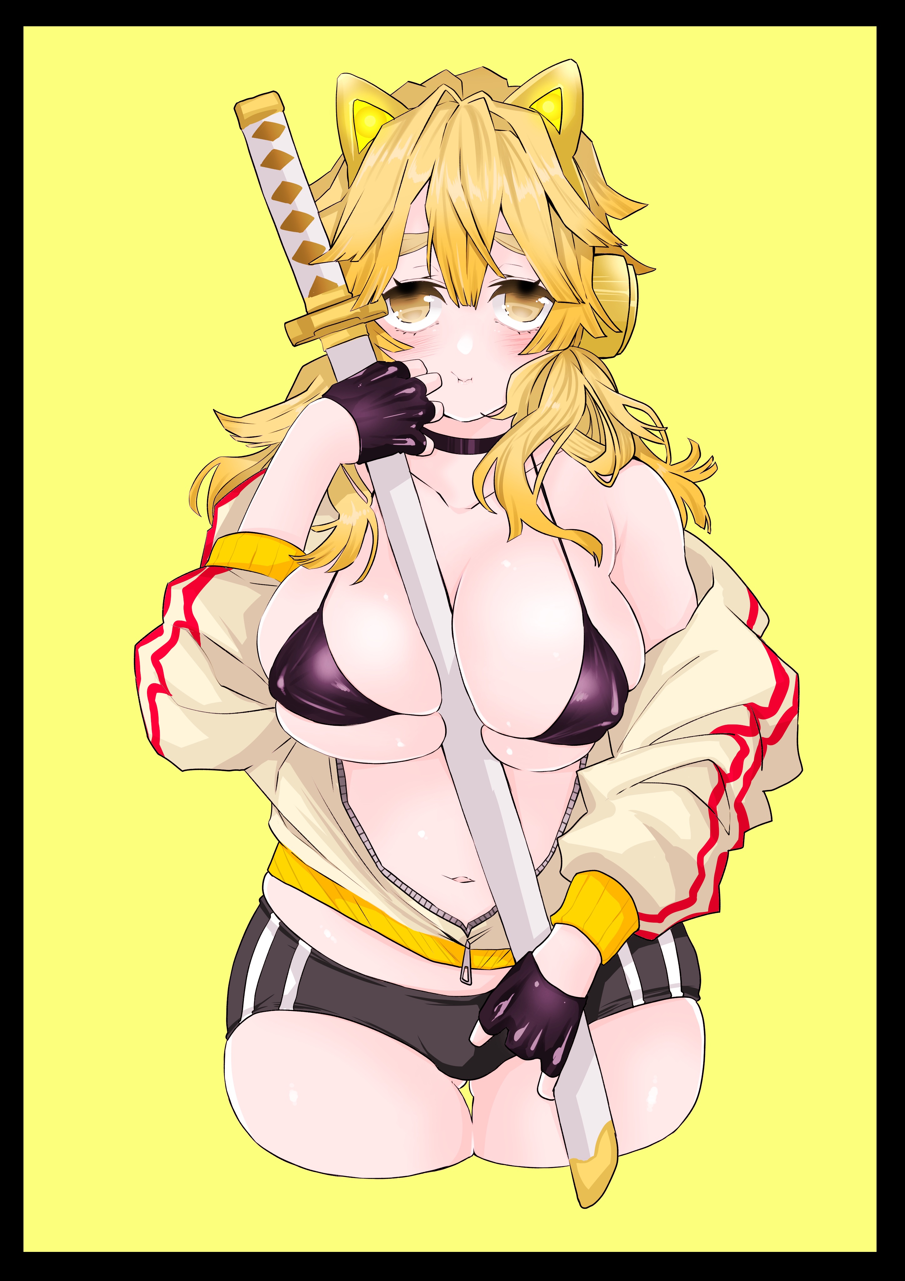 big breasts, bikini top, black bikini, blonde hair, blush, booty shorts, breasts, buruma, cat ear headphones, cat ears, choker, demon slayer, female, female only, fingerless gloves, genderswap, genderswap (mtf), gloves, headphones, jacket, kimetsu no yaiba, looking at viewer, object between breasts, off shoulder, open jacket, rule 63, short shorts, shorts, solo, sword, taiga (pixiv), unzipped, wide hips, yellow background, yellow eyes, yellow theme, zenitsu agatsuma