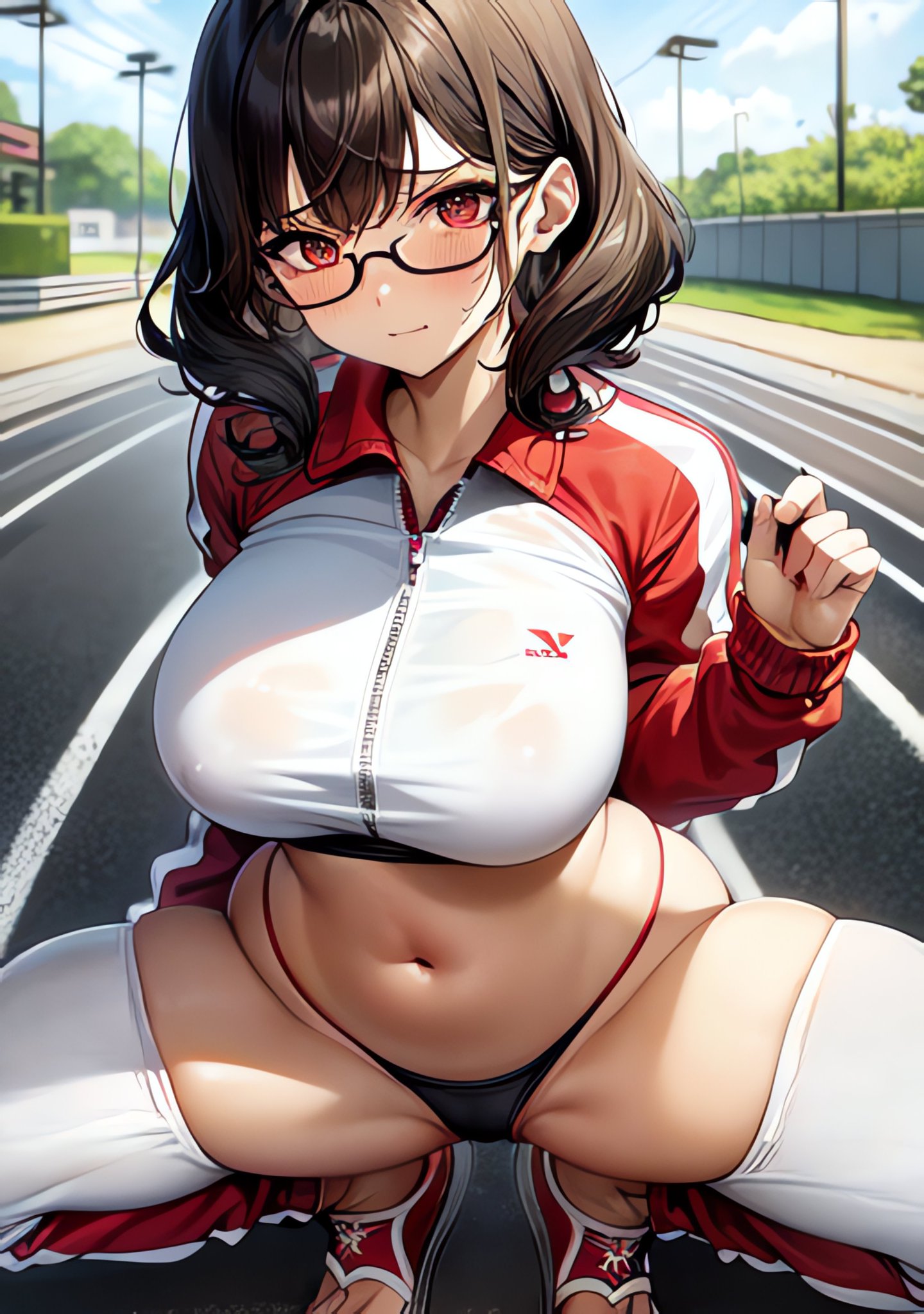 1girls, 2023, ai generated, big breasts, black hair, breasts, curvy, curvy female, curvy figure, female, glasses, high resolution, highres, looking at viewer, medium hair, nerdy female, original character, red eyes, seductive look, short hair, squatting, stable diffusion, underwear, voluptuous female