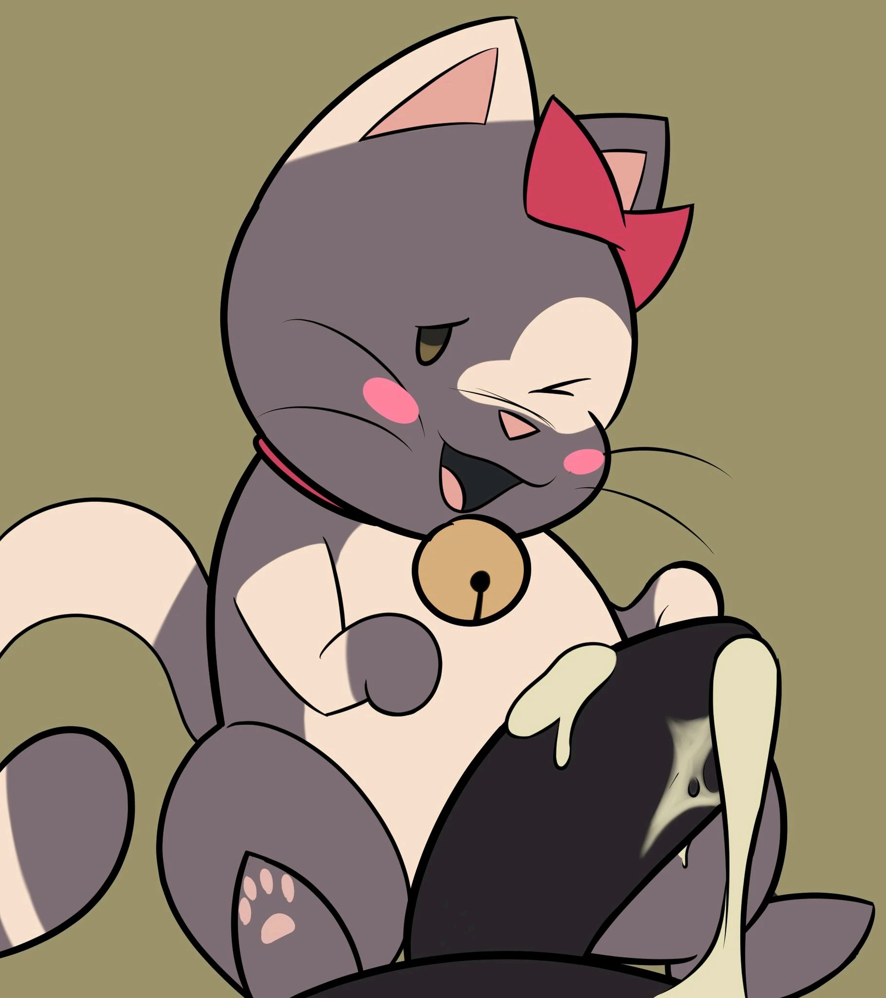 a cat is fine too, absurd res, black eyes, black penis, blush, brown fur, collar, cum, cute, feline, feral, human on feral, male, nani (star rifle), one eye closed, open mouth, penis, potatobud3, red ribbon, ribbon, simple background, zoophilia