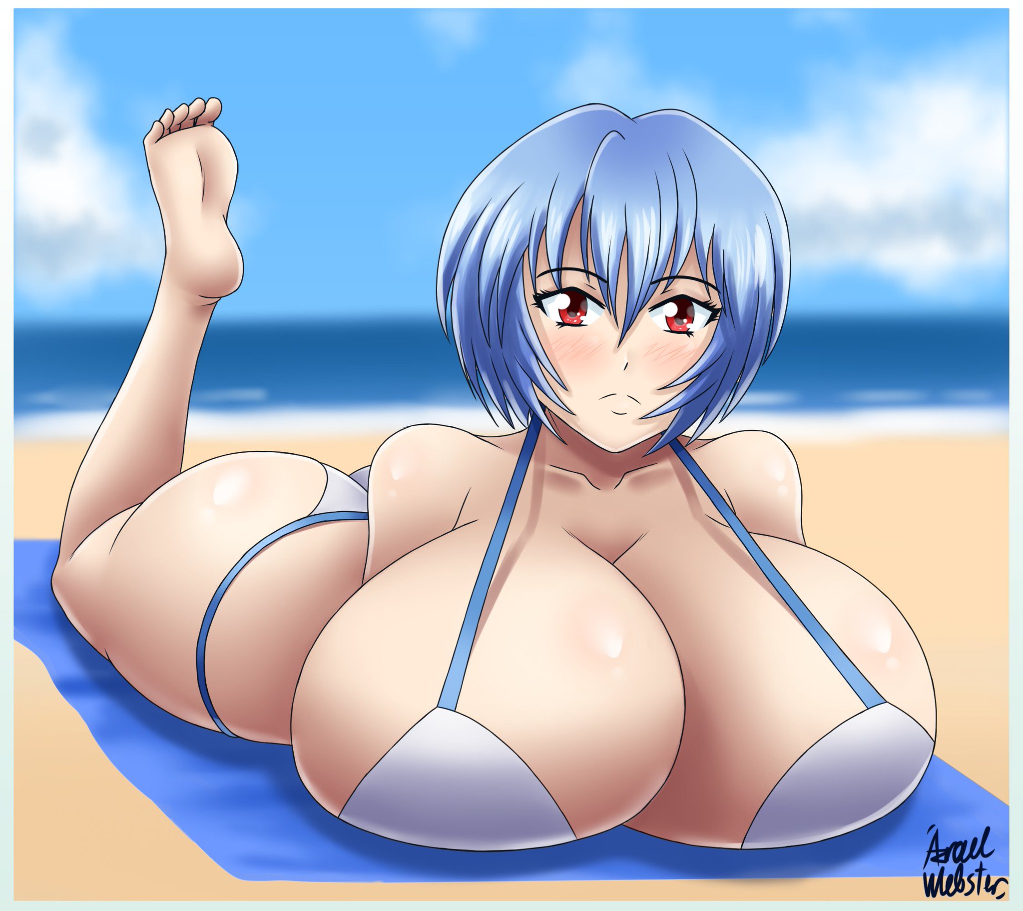 ass, ass bigger than head, azraelwebster, beach, big ass, big breasts, bikini, blue hair, bob cut, breast press, breasts, breasts bigger than head, bubble ass, bubble butt, fat, feet, female, gigantic ass, gigantic breasts, huge ass, huge breasts, hyper, hyper breasts, large breasts, legs up, looking at viewer, neon genesis evangelion, red eyes, rei ayanami, swimsuit, teenager, thick thighs, towel, white bikini, wide hips